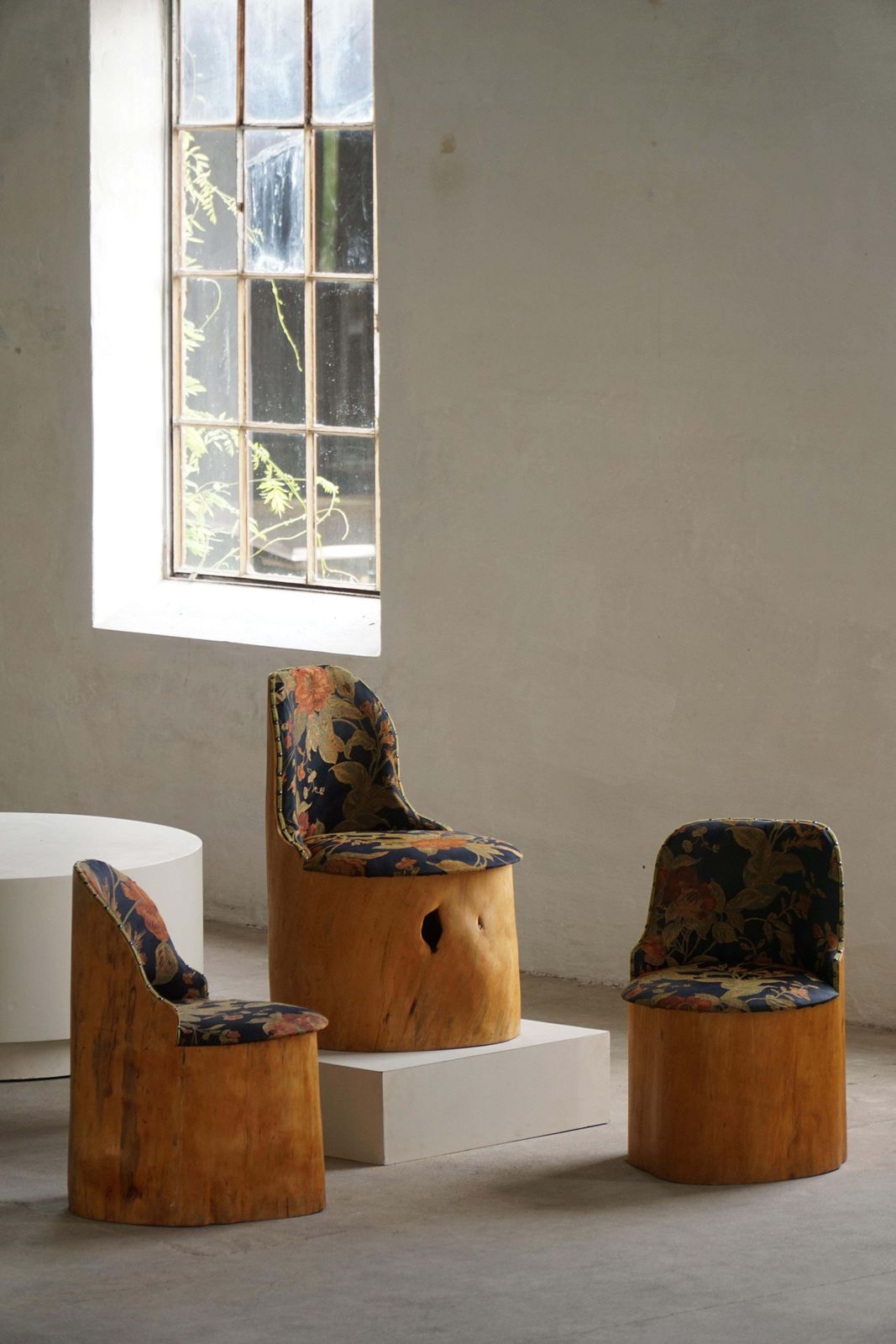 Swedish Stump Chair / “Kubstol” In Pine & Floral Upholstery, Mid 20th Century photo vintage