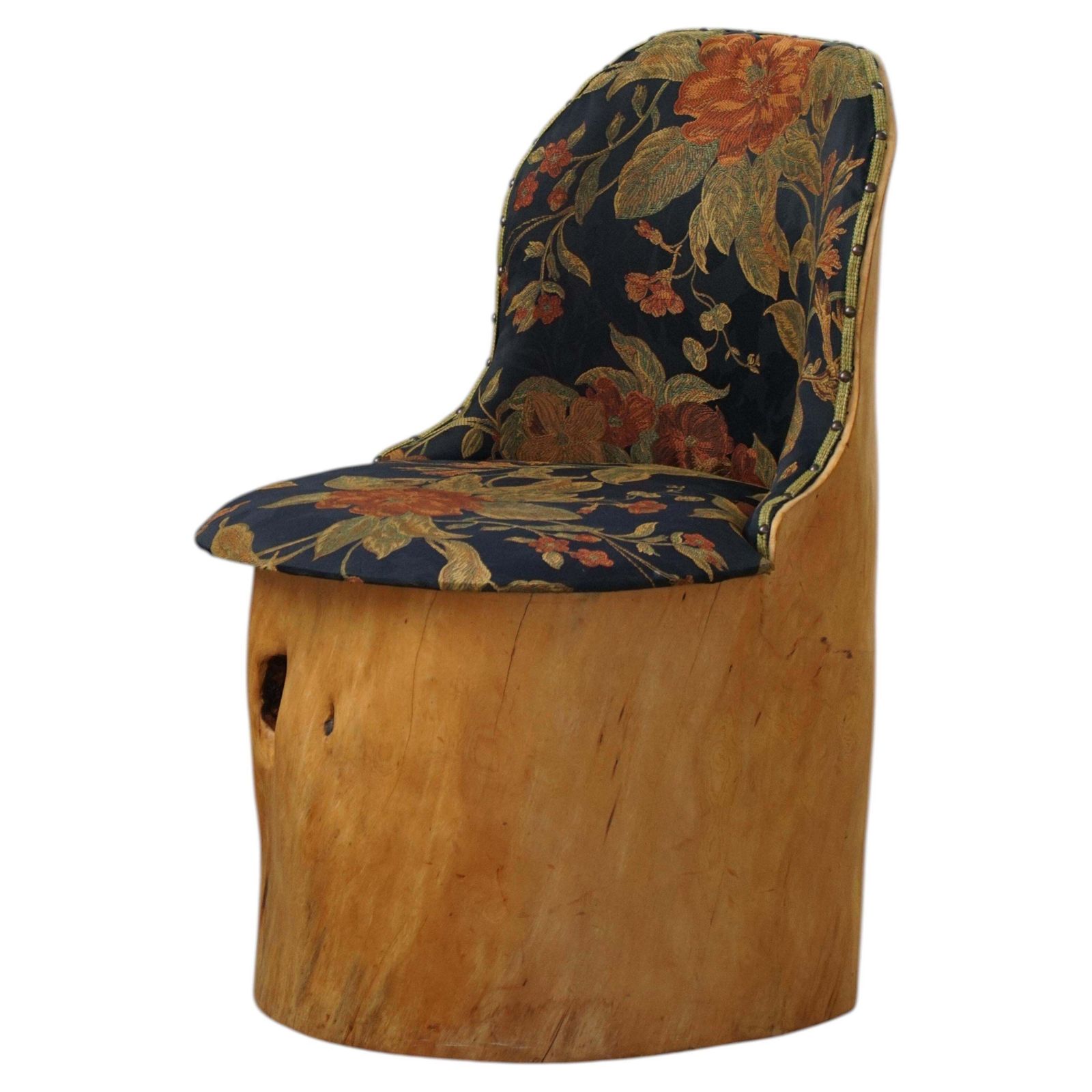 Swedish Stump Chair / “Kubstol” In Pine & Floral Upholstery, Mid 20th Century