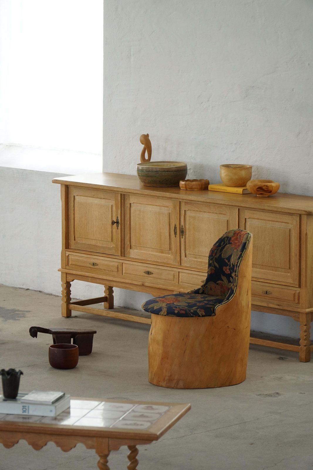 Swedish Stump Chair / “Kubstol” In Pine & Floral Upholstery, Mid 20th Century photo vintage