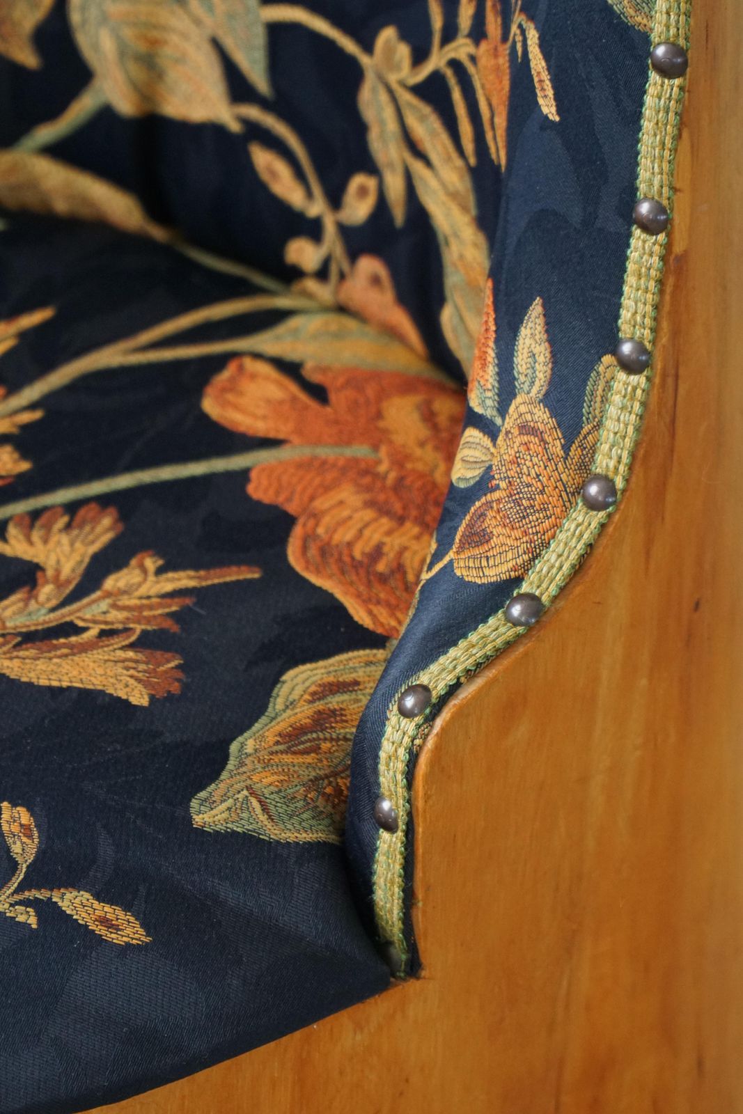 photo furniture Swedish Stump Chair / “Kubstol” In Pine & Floral Upholstery, Mid 20th Century