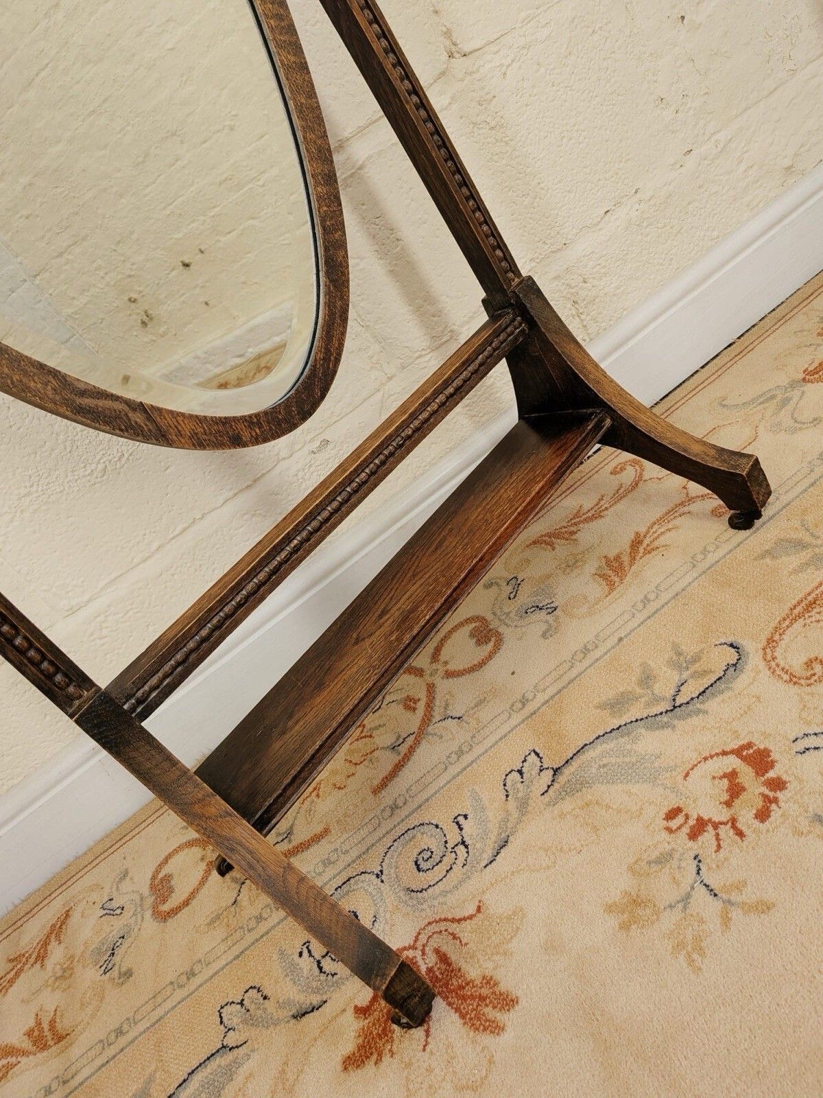 Edwardian Carved Oak Cheval Mirror On Brass Castors photo for sale