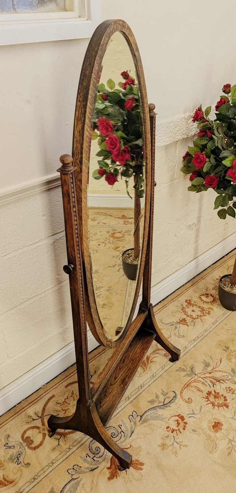 Edwardian Carved Oak Cheval Mirror On Brass Castors photo Home Decor