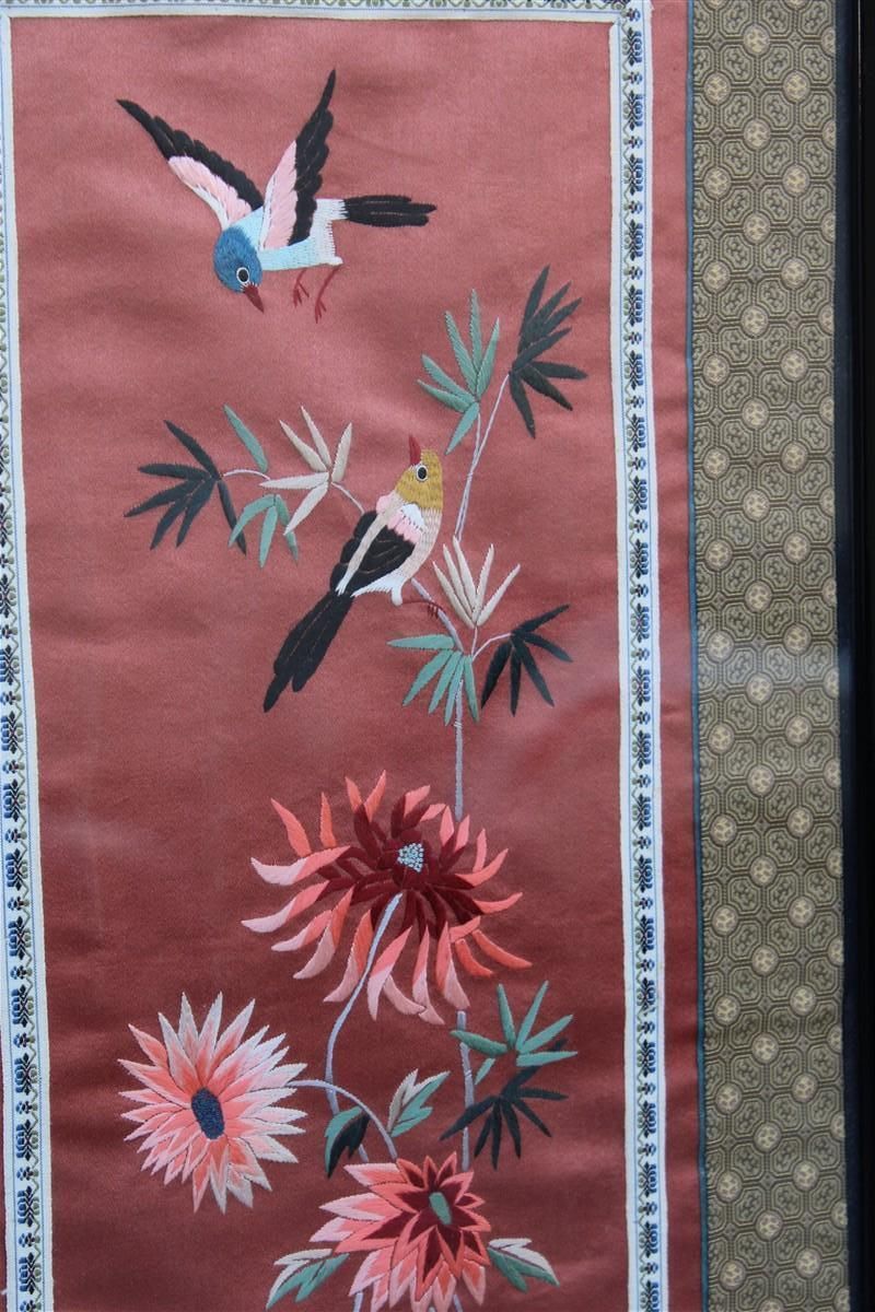 China Colorful Silk Fabric Paintings With Flowers Birds And Trees 1950s. photo vinterior