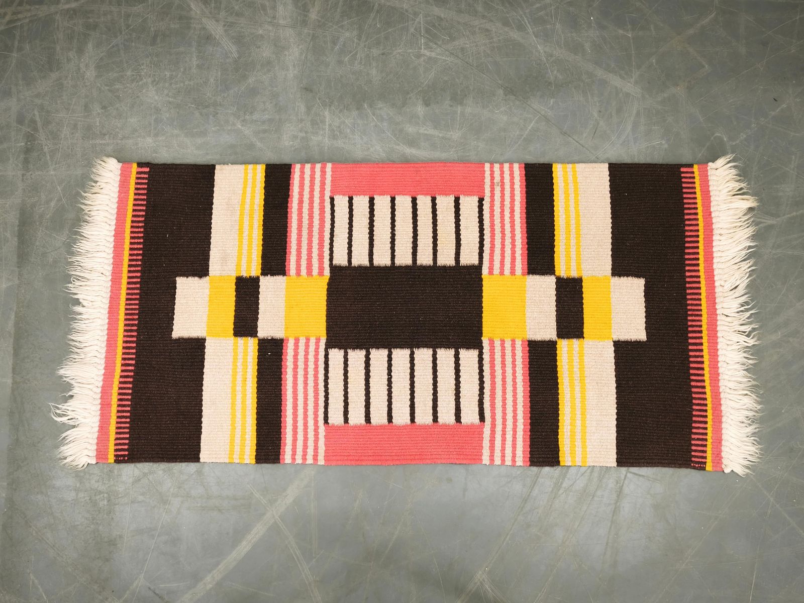1950s Czech Geometric Wool Kilim Rug In Pink Black And Yellow. photo furniture