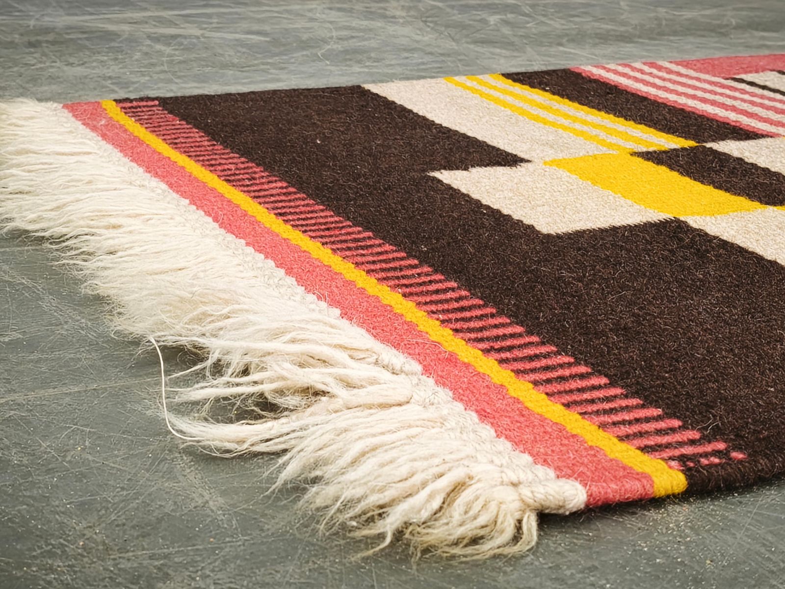 1950s Czech Geometric Wool Kilim Rug In Pink Black And Yellow. photo 295.0
