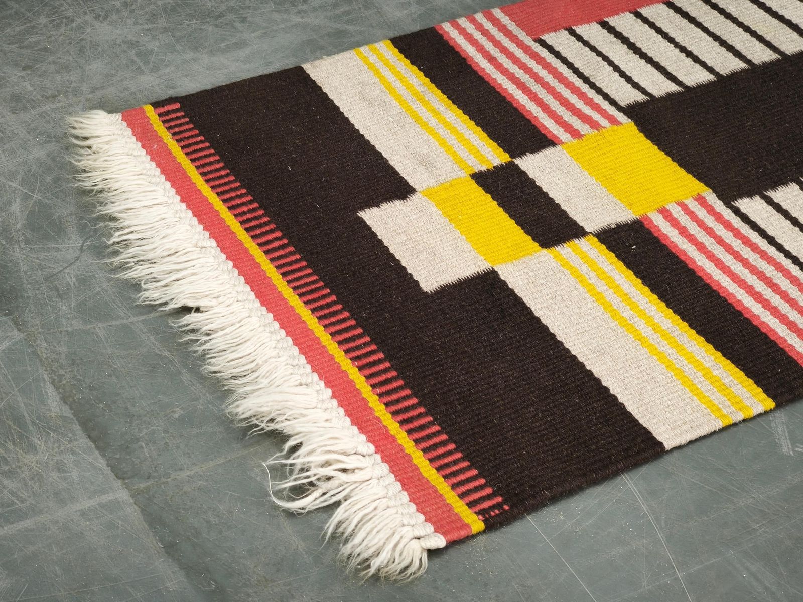 1950s Czech Geometric Wool Kilim Rug In Pink Black And Yellow. photo buy
