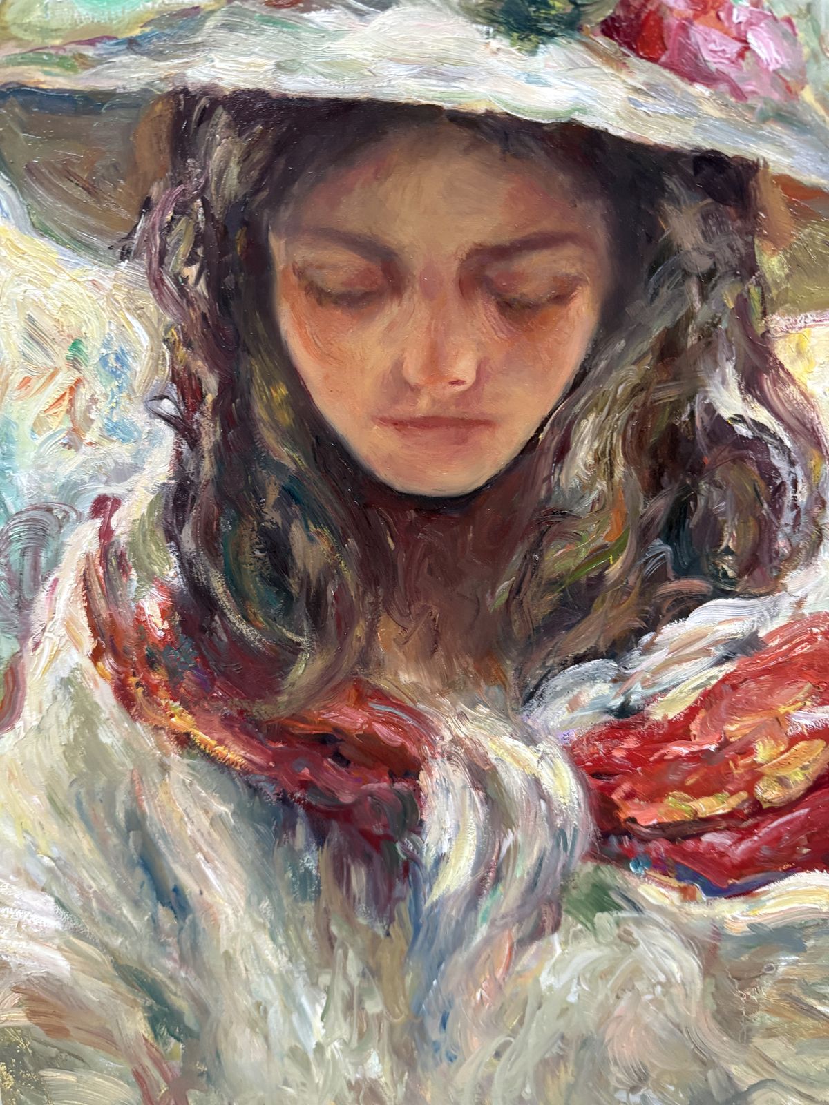 Rafael Santiago Muñoz, Mediterranean Woman With Hat, portrait figuratif expressif à l'huile sur toile, Espagne, 2026 photo buy