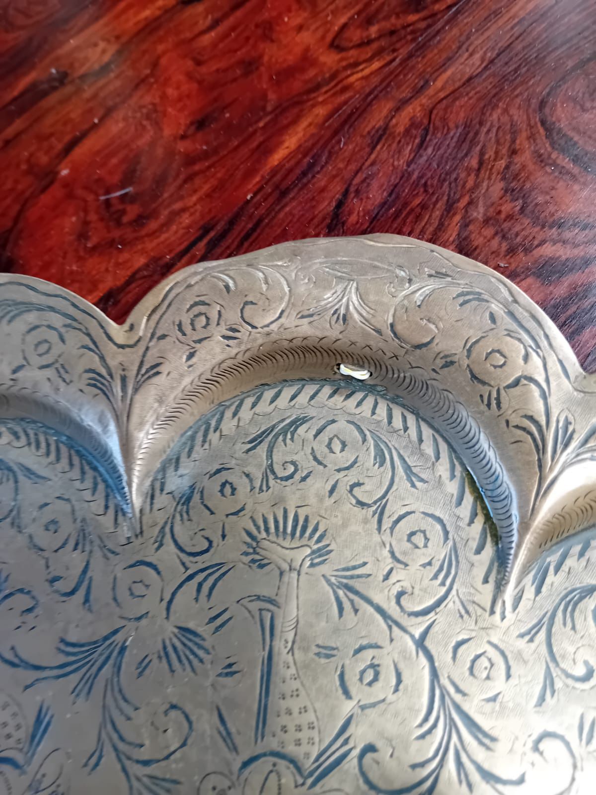 photo furniture Large Hand Engraved Indian Brass Tray With Figural Decoration, 46cm Diameter