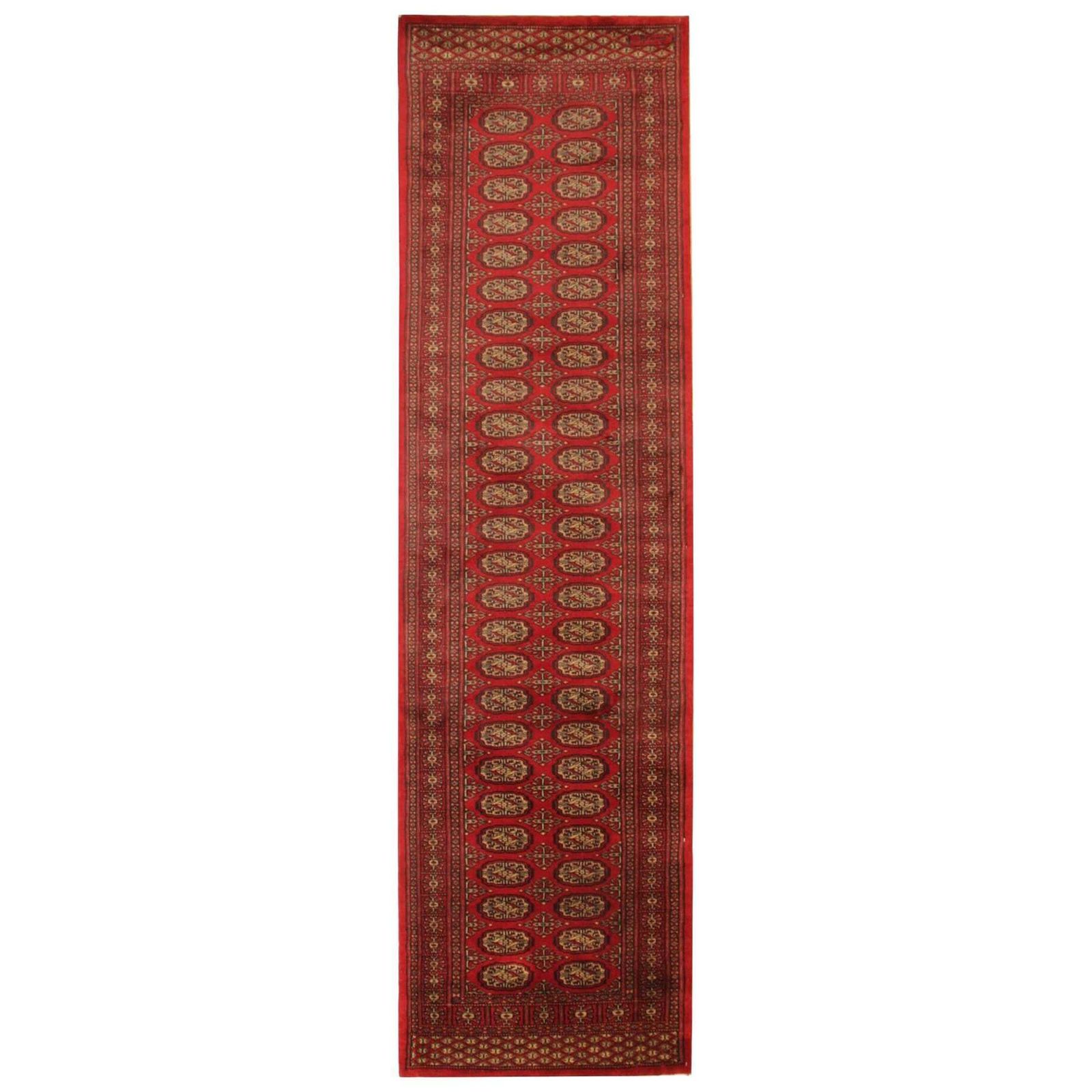 Tapis de couloir rouge, plusieurs médaillons, laine vintage Bukhara Turkmen.