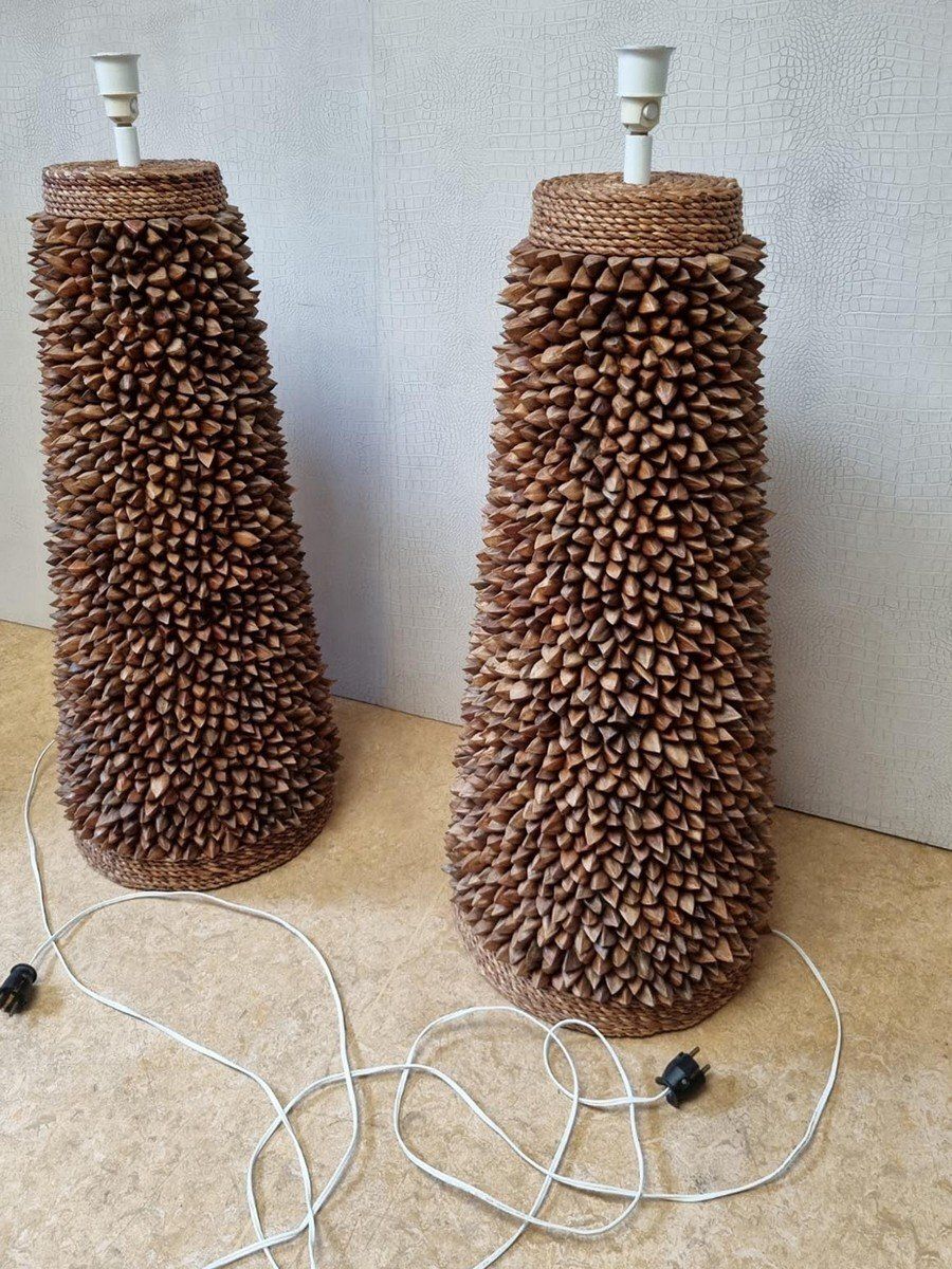 Handcrafted Pili Nut Shells Table Or Floor Lamps USA 2000s Set Of 2 photo for sale