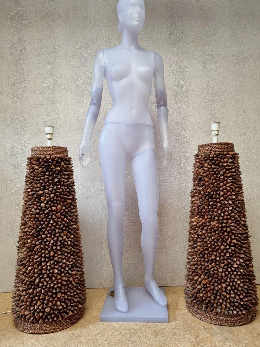Lighting Handcrafted Pili Nut Shells Table Or Floor Lamps USA 2000s Set Of 2 photo