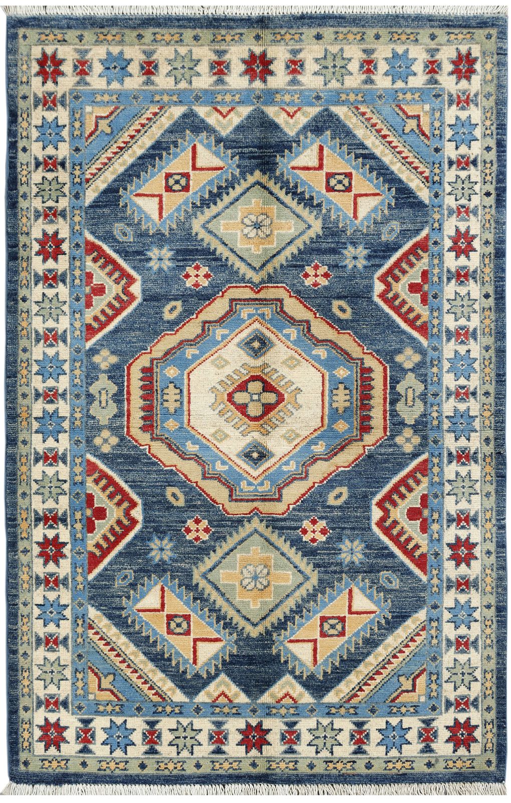 Traditioneel Kazak handgeknoopt blauw vloerkleed 3x5