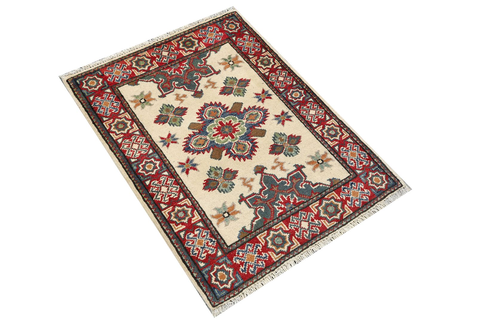 Handgeknoopt Afghaans wollen vloerkleed, ivoor en rood, tribaal motief, 65 x 87 cm photo furniture
