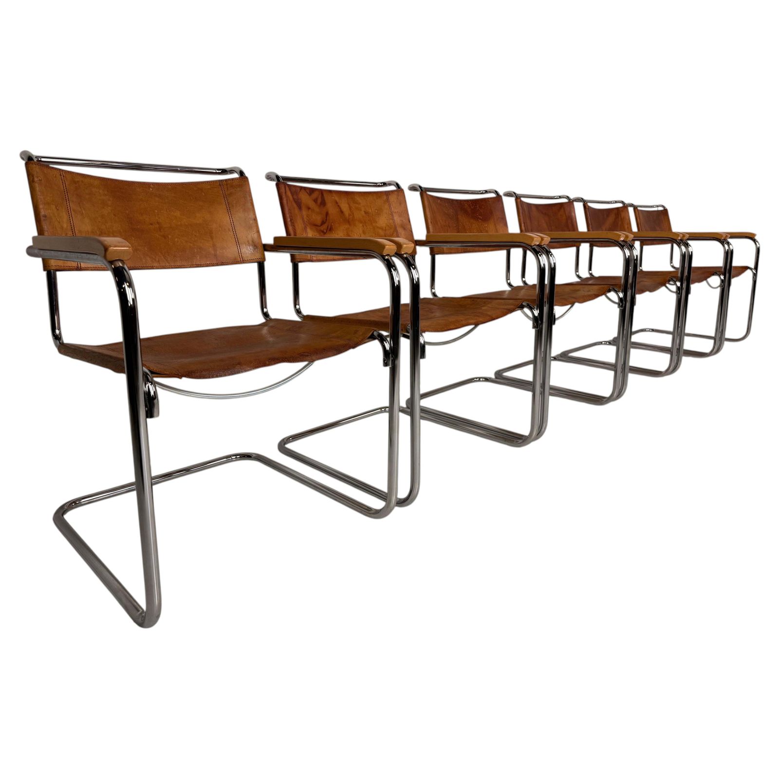Set Of 6 Original Thonet S34 Cantilever Chairs In Cognac Leather & Chrome, 1970s