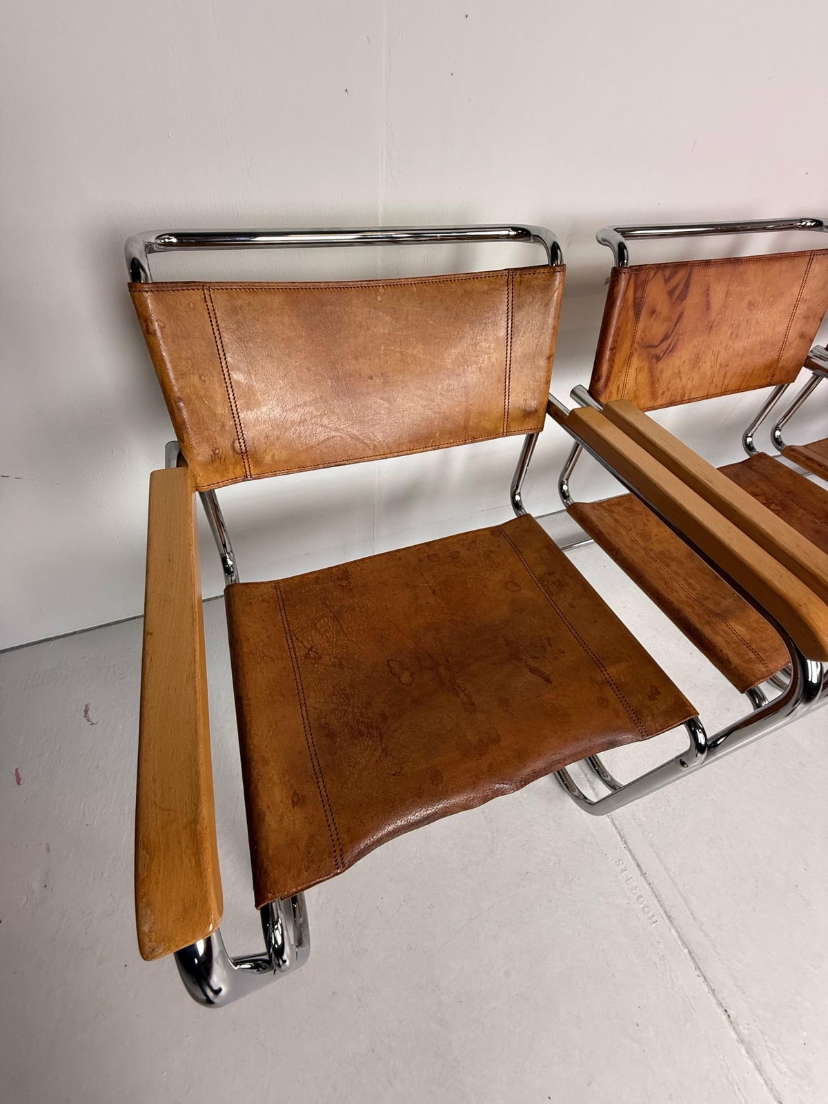 photo for sale Set Of 6 Original Thonet S34 Cantilever Chairs In Cognac Leather & Chrome, 1970s