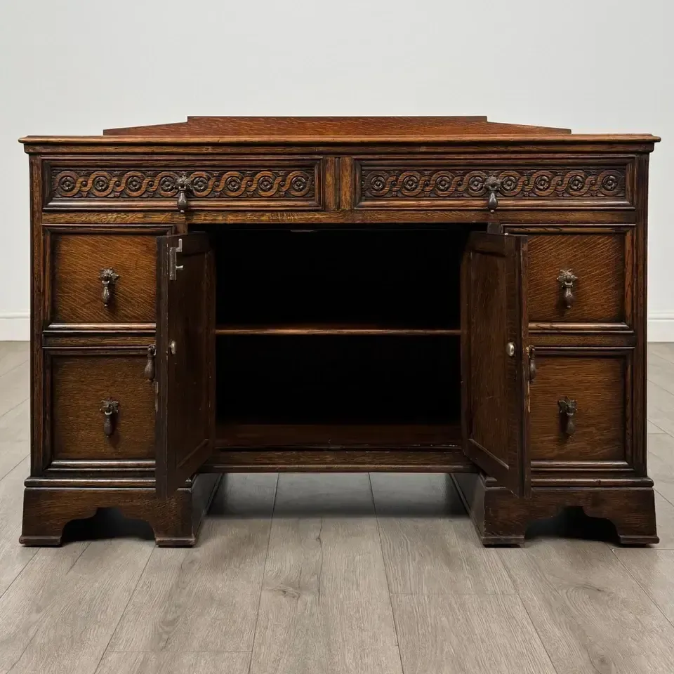 Antique 20th Century Carved Edwardian Desk In Oak photo furniture