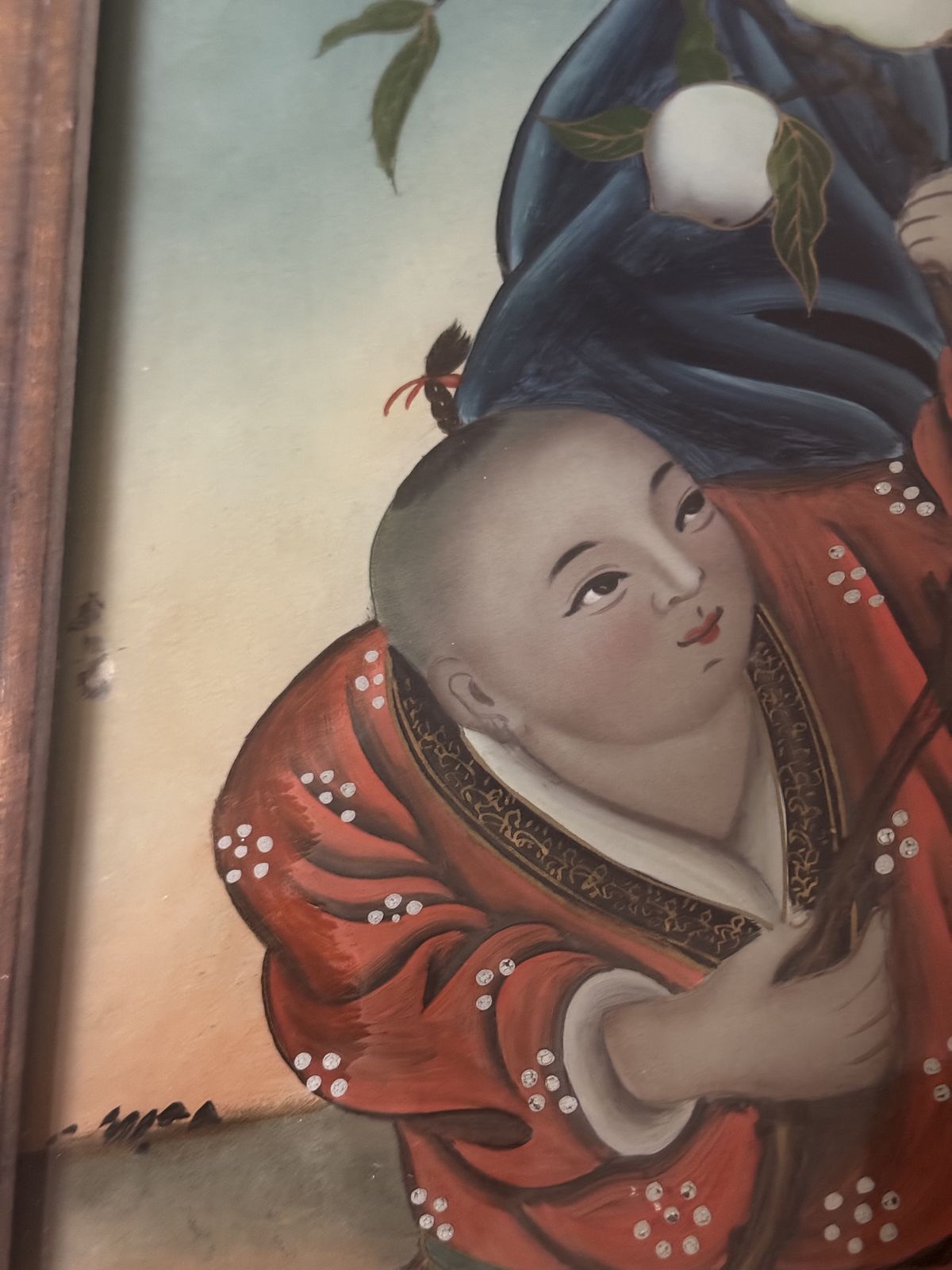 photo vintage Rare 19th Century Chinese Reverse Glass Painting Of Shoulao & Child