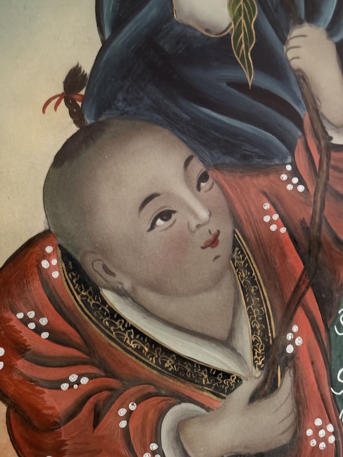 Rare 19th Century Chinese Reverse Glass Painting Of Shoulao & Child photo vinterior