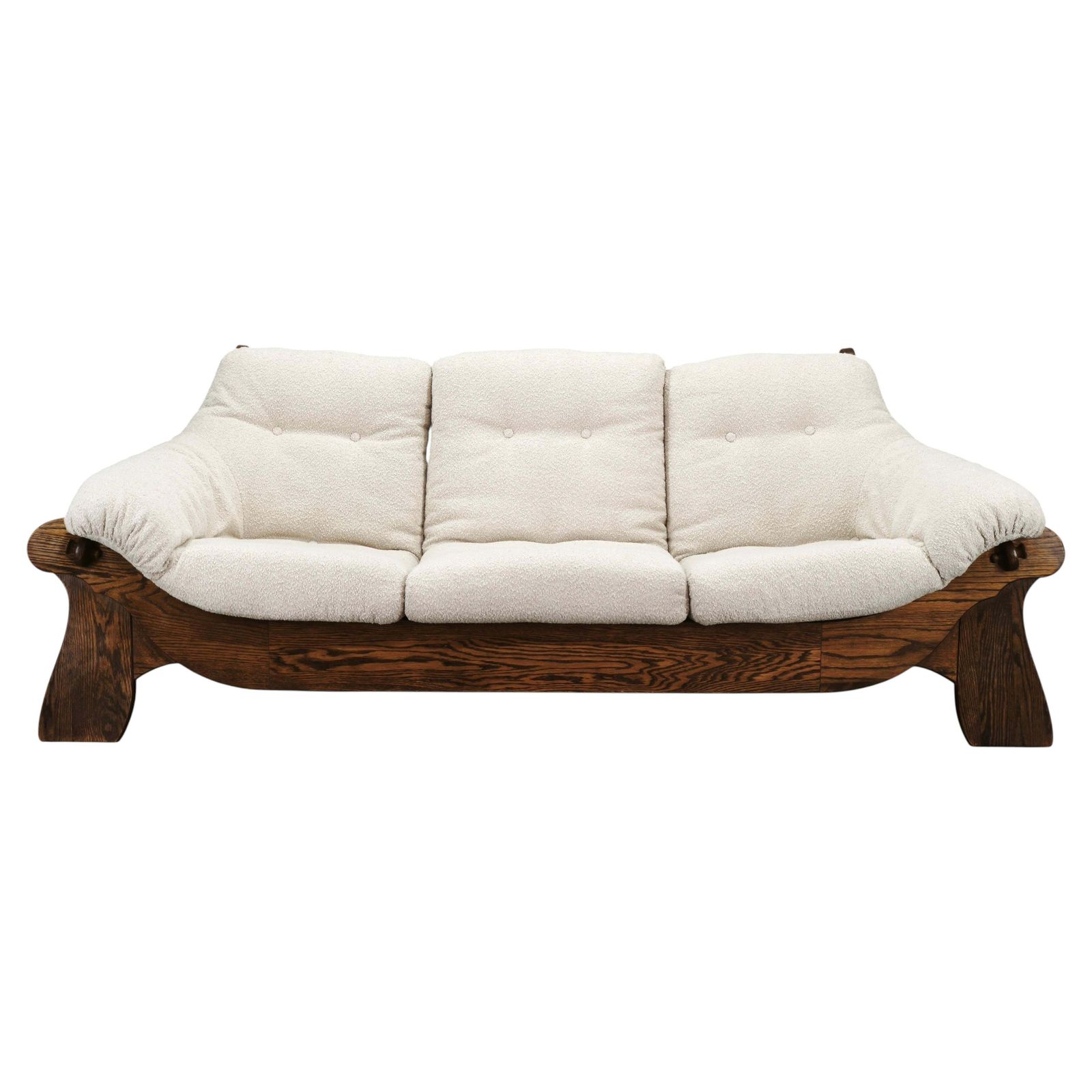 Brutalist Solid Oak And Bouclé Three Seat Sofa, Czechoslovakia 1970s