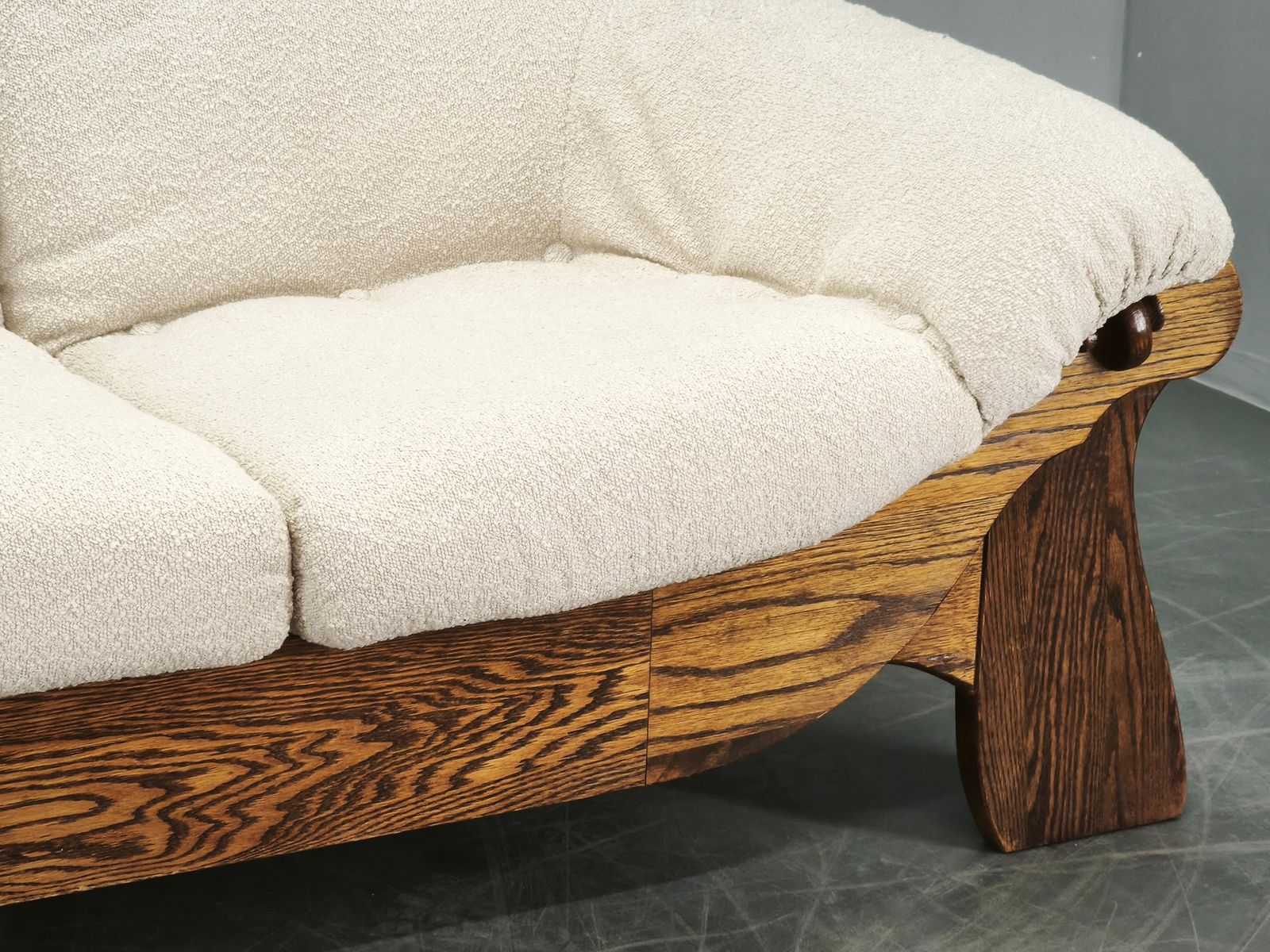 Brutalist Solid Oak And Bouclé Three Seat Sofa, Czechoslovakia 1970s photo Furniture