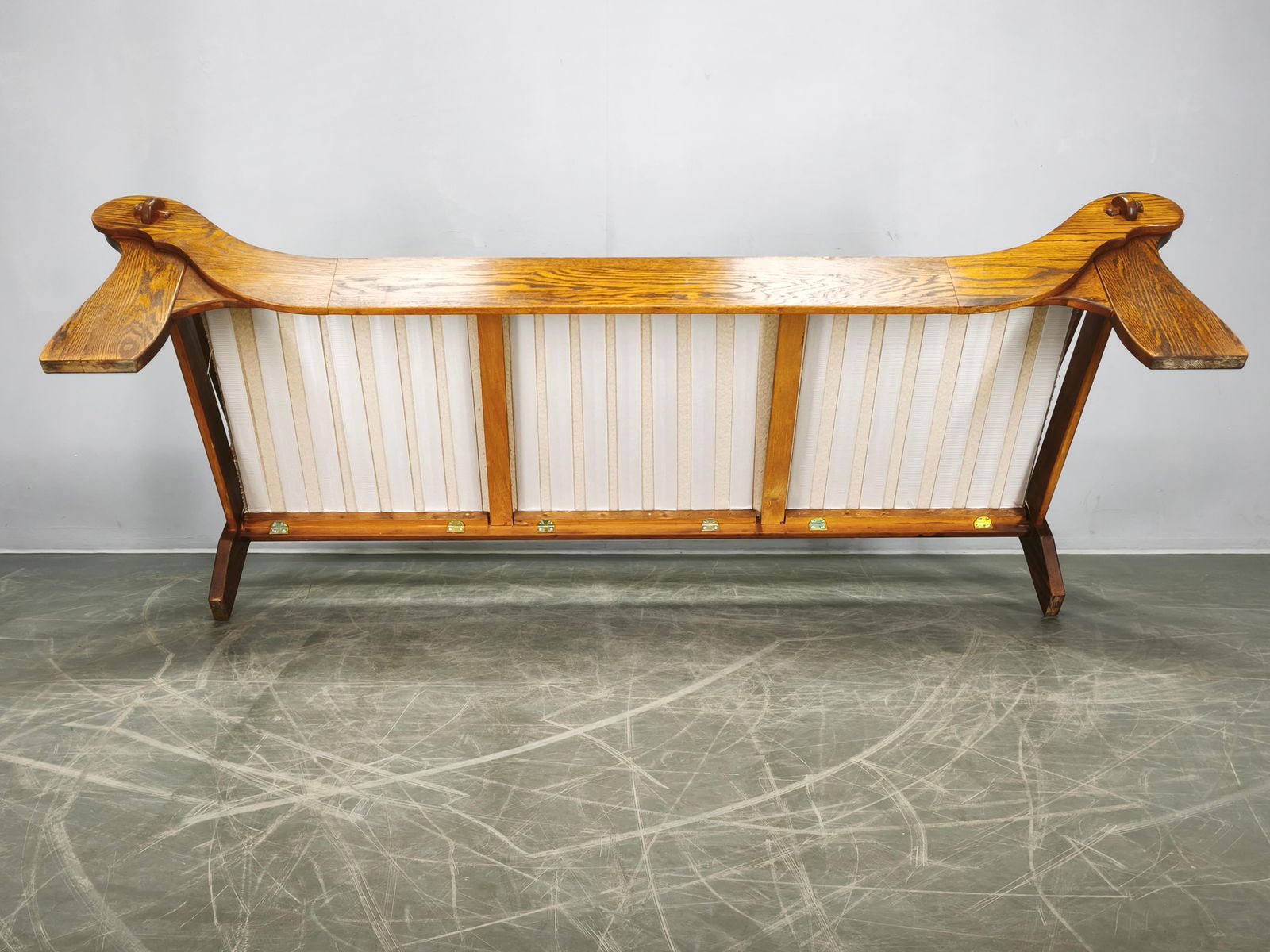 Brutalist Solid Oak And Bouclé Three Seat Sofa, Czechoslovakia 1970s photo vintage