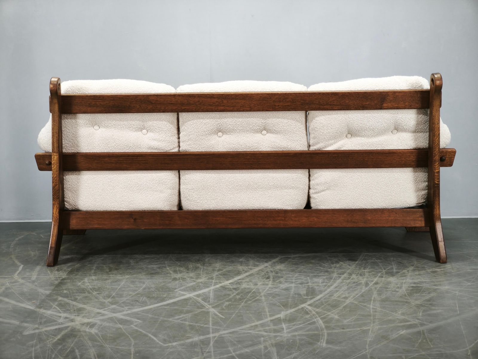 photo vintage Brutalist Solid Oak And Bouclé Three Seat Sofa, Czechoslovakia 1970s