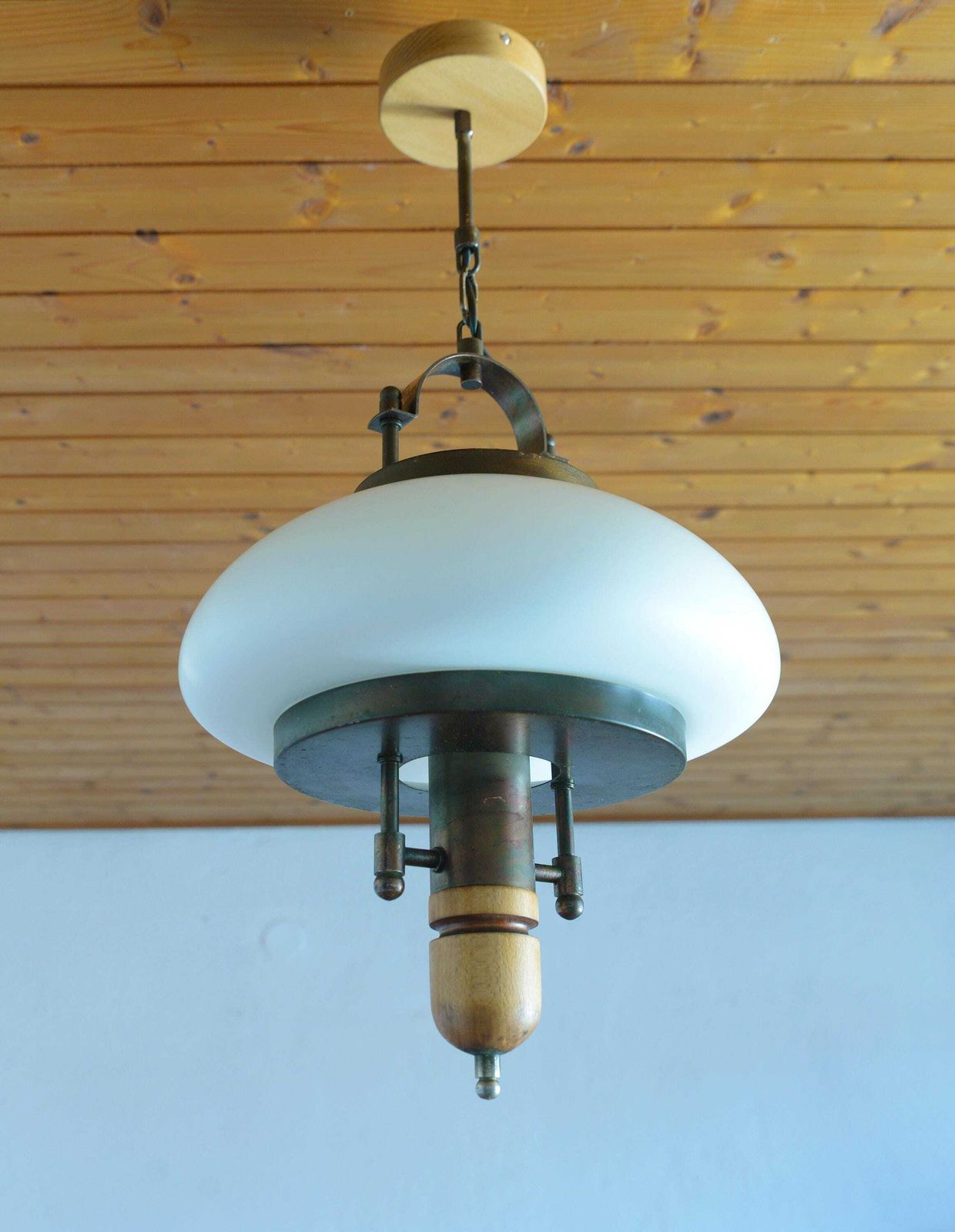 Vintage Lantern Pendant Light | Mid Century Opaline Glass Chandelier | Rewired Yugoslavian Hanging Lamp | Rustic Colonial photo for sale