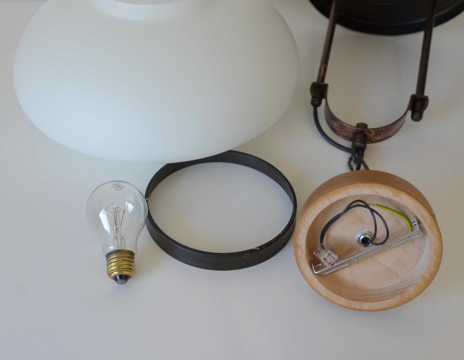 photo vintage Vintage Lantern Pendant Light | Mid Century Opaline Glass Chandelier | Rewired Yugoslavian Hanging Lamp | Rustic Colonial