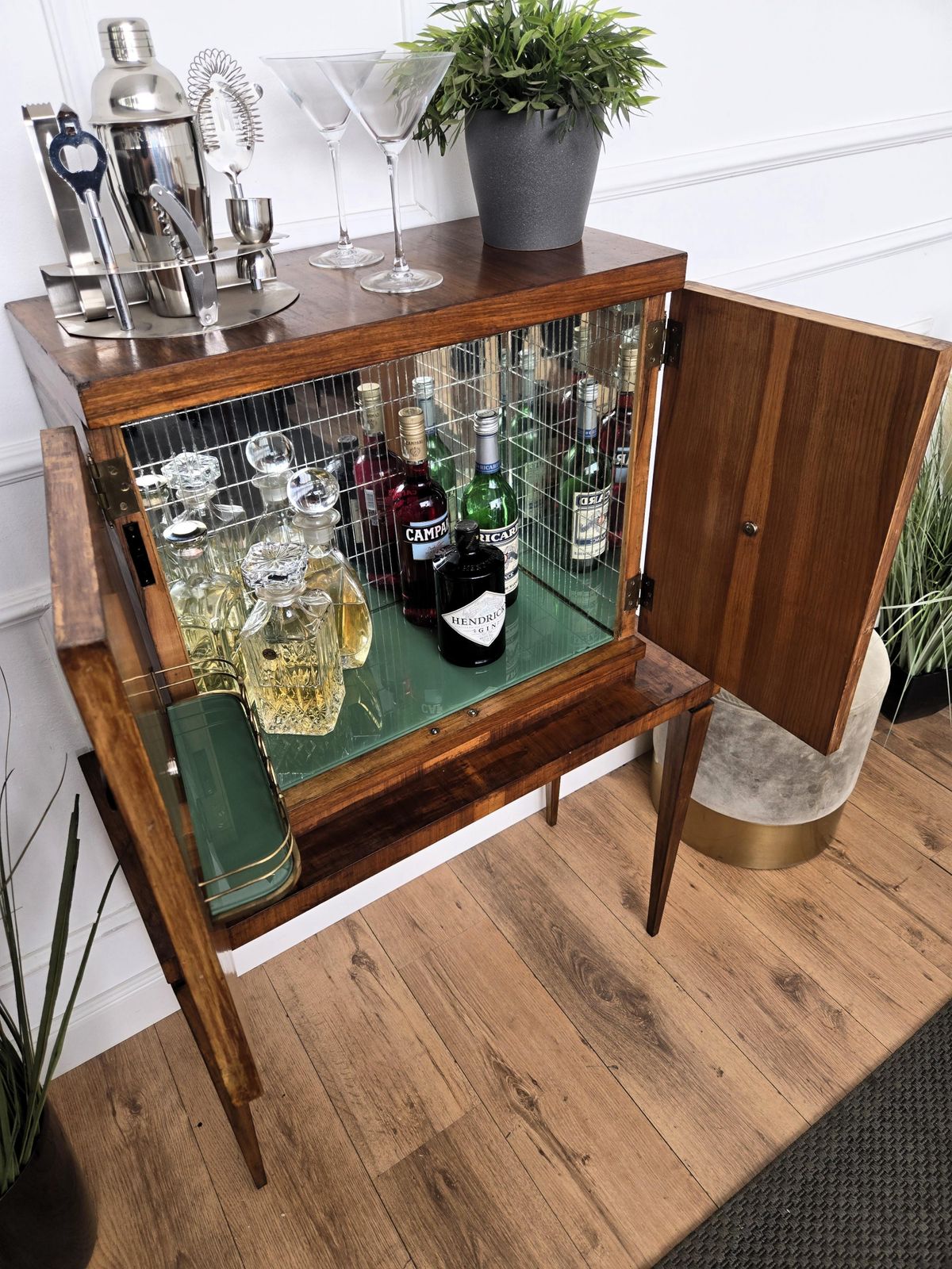1950s Art Deco Mid Century Italian Walnut Mirror Mosaic Bar Cabinet photo Furniture