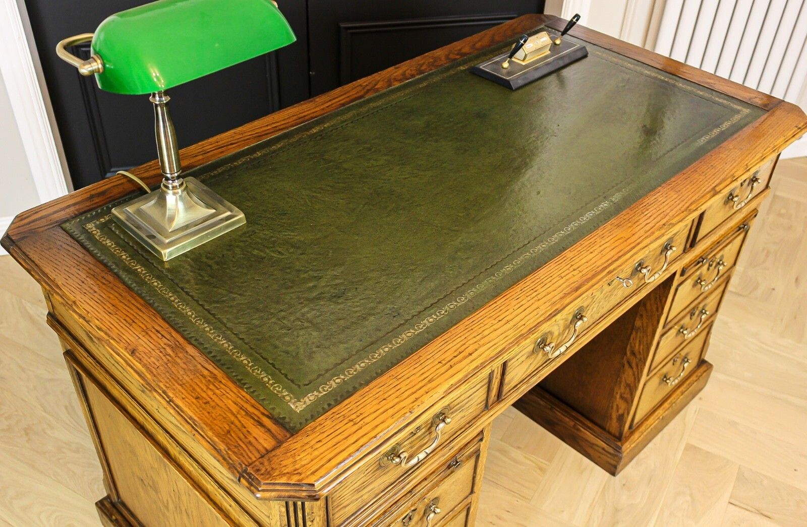 Large Antique Style Solid Oak Twin Pedestal Partners Leather Top Writing Desk photo for sale