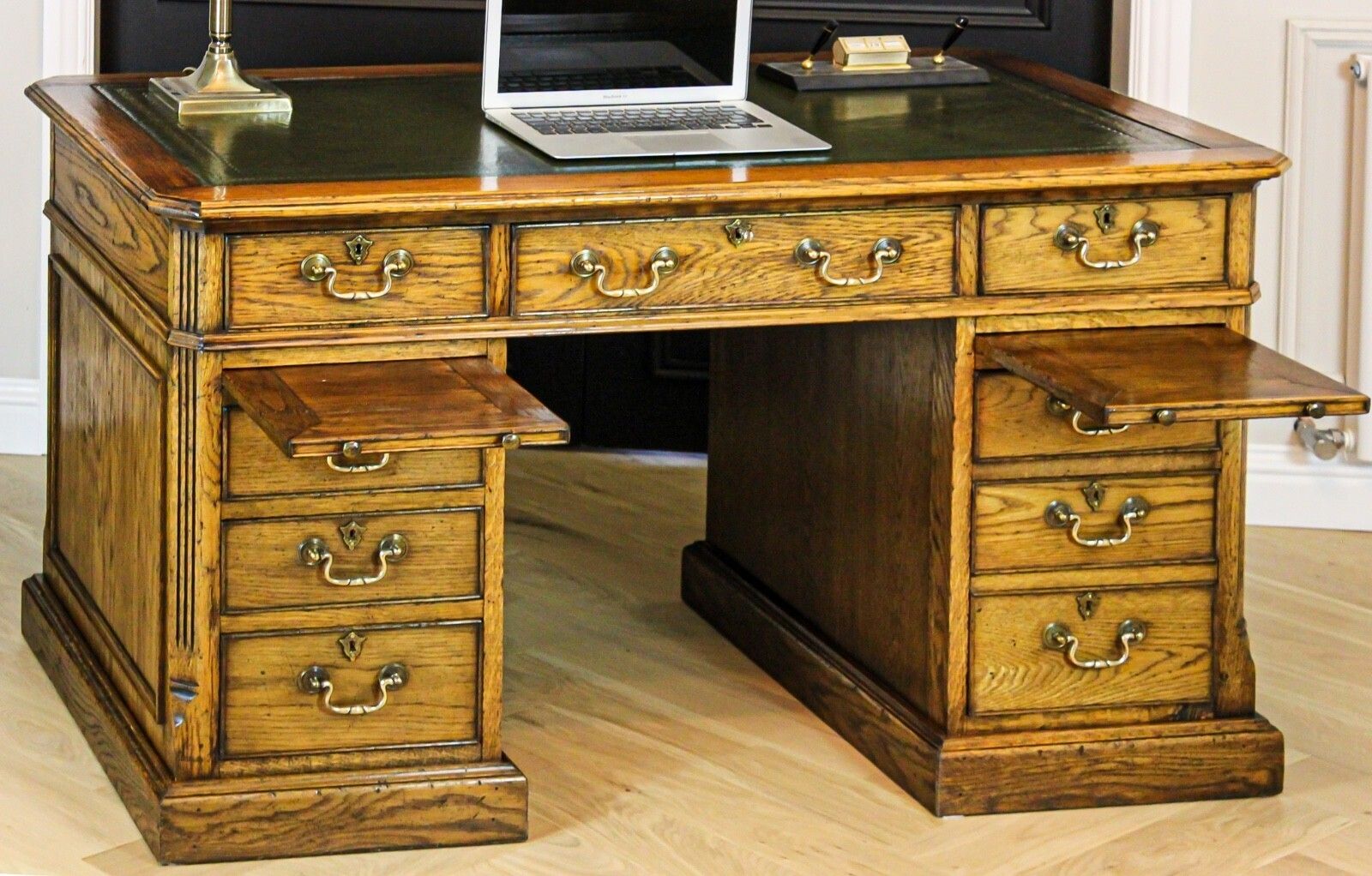 photo furniture Large Antique Style Solid Oak Twin Pedestal Partners Leather Top Writing Desk