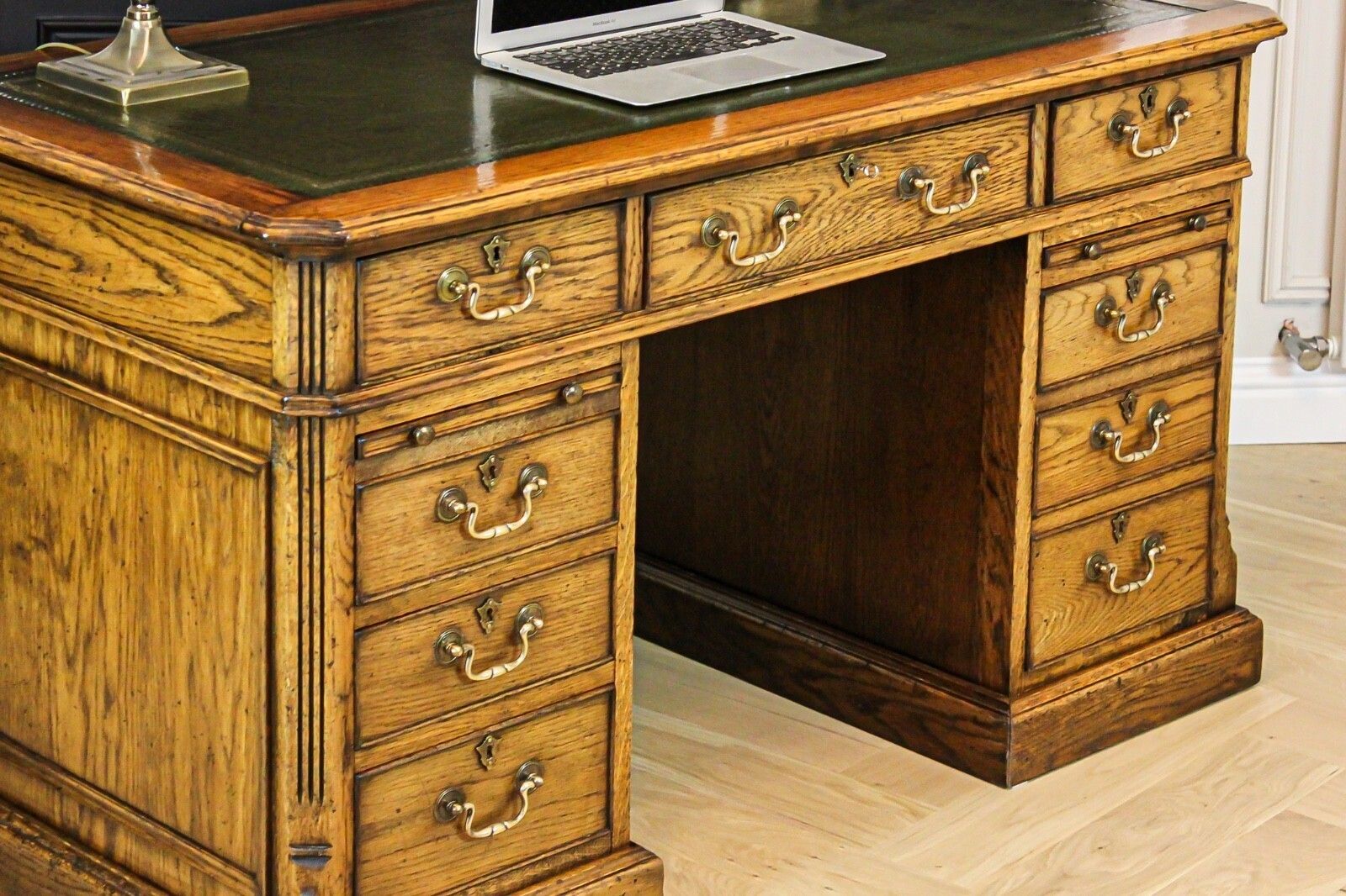 photo for sale Large Antique Style Solid Oak Twin Pedestal Partners Leather Top Writing Desk