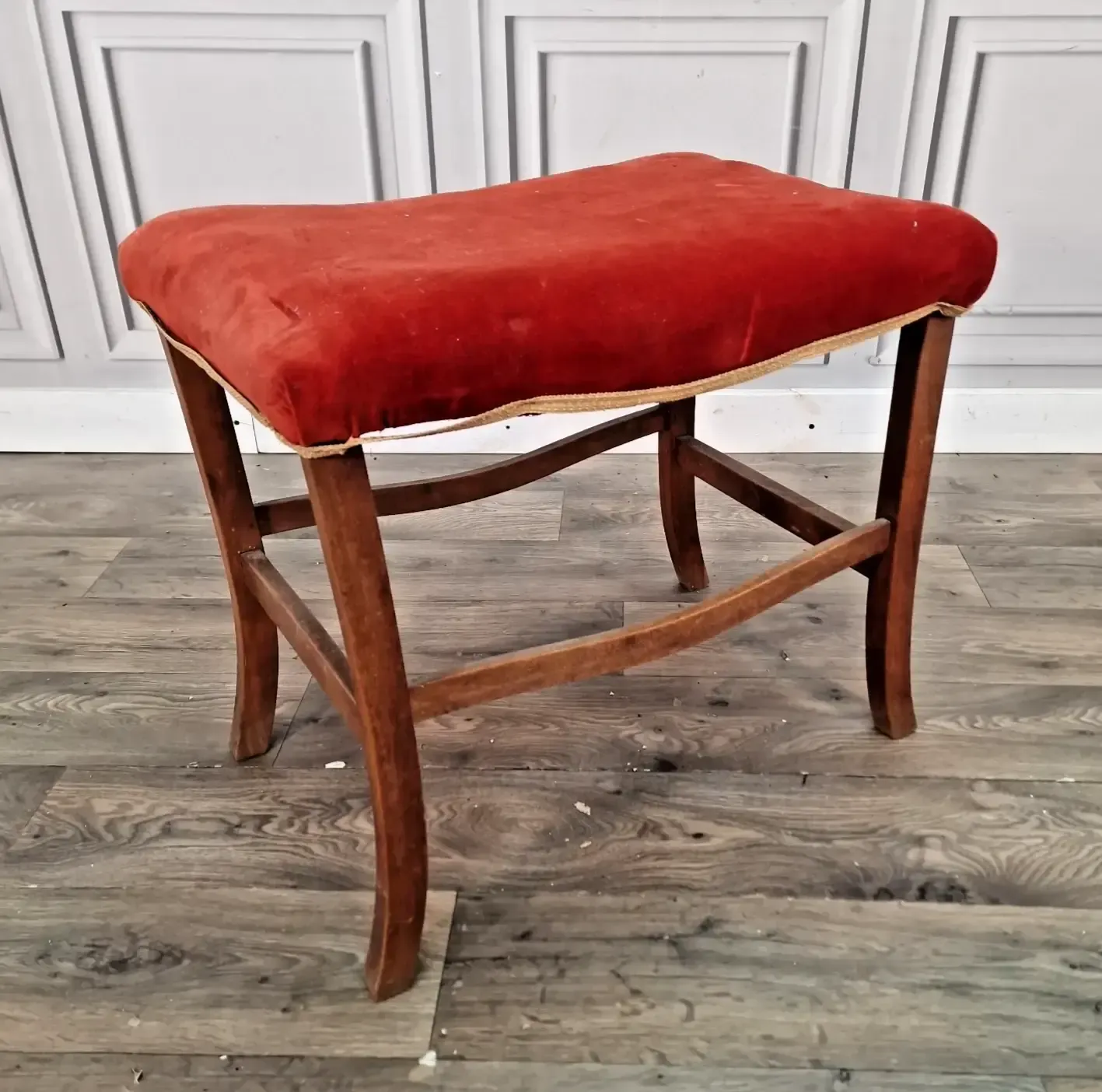 Vintage Upholstered Stool  Mahogany Piano Seat Music Bench Footstool   Wooden