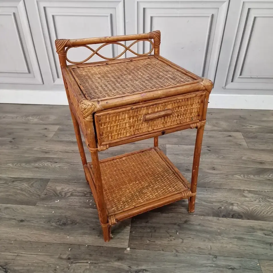 Vintage Wicker Bedside Table Cabinet Rattan Side Stand With Drawer  Retro Boho photo furniture