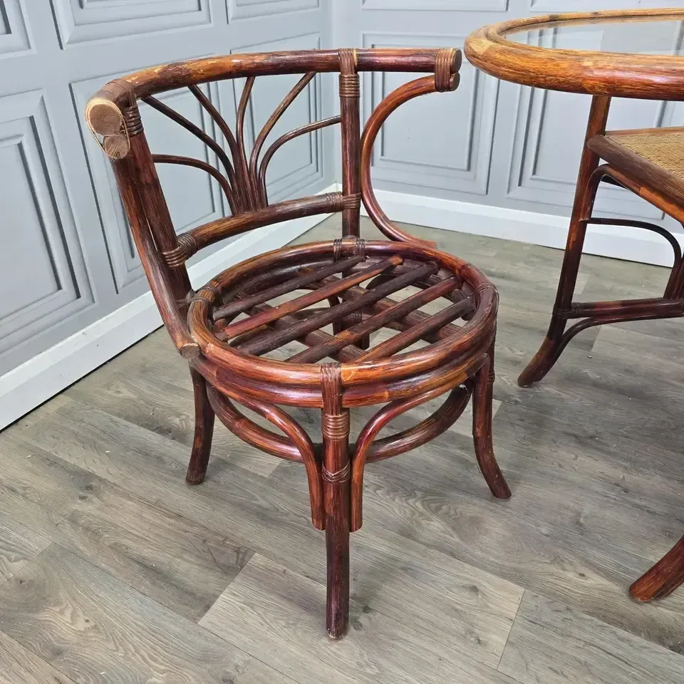 Vintage Rattan Dining Set   Bistro Cane Table And 2 Chairs Compact Retro Boho Mcm photo furniture