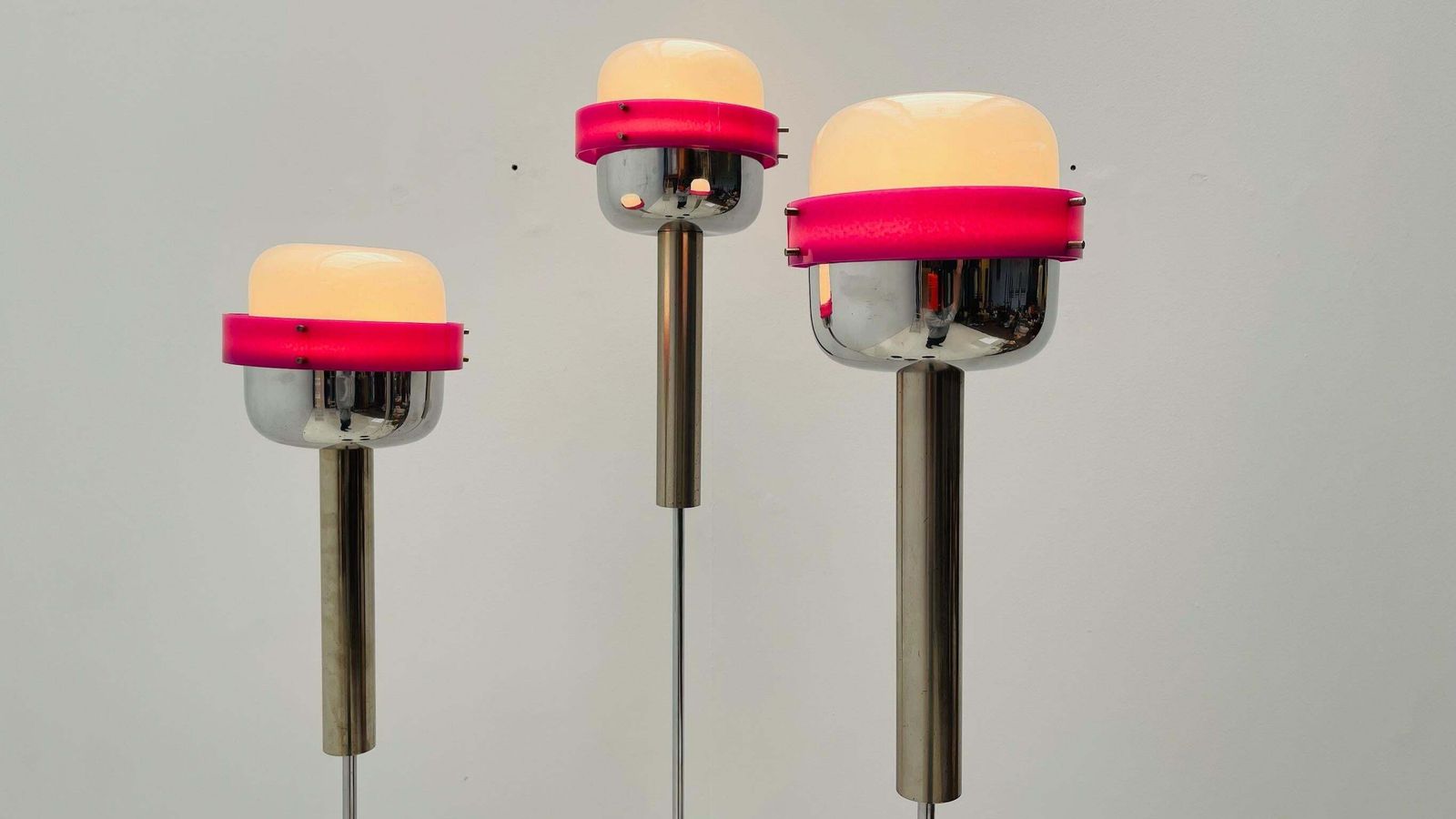 Triplet Of Stilnovo Floor Lamps In Magenta Plexiglass photo Lighting