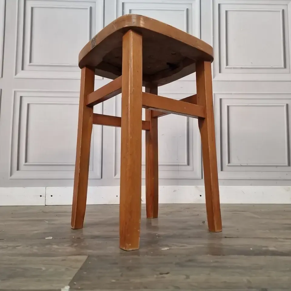 Vintage Utility Kitchen Stool  Black Vinyl Upholstered Seat Wooden Retro photo for sale