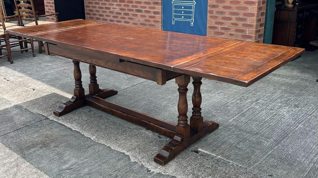 photo for sale Vintage English Oak Jacobean Style Extending Drawleaf Refectory Dining Table