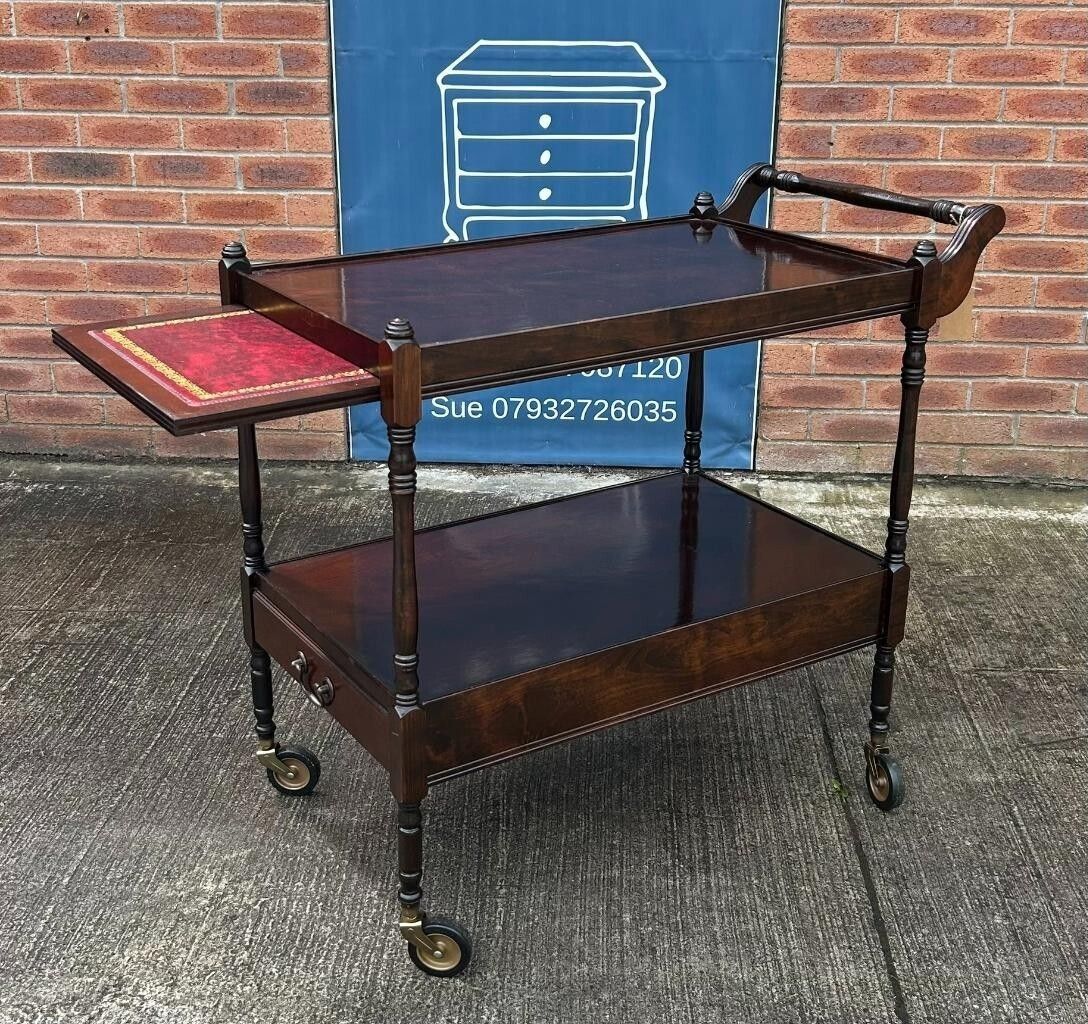 Vintage Retro Flame Mahogany Two Tier Wheeling Drinks Trolley With Leather Slide