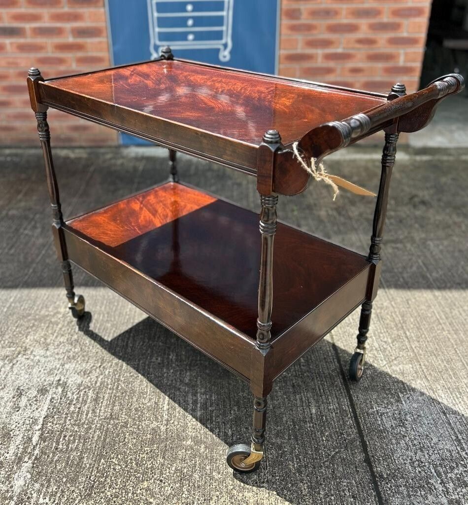 Vintage Retro Flame Mahogany Two Tier Wheeling Drinks Trolley With Leather Slide photo furniture