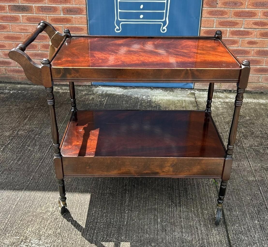 Vintage Retro Flame Mahogany Two Tier Wheeling Drinks Trolley With Leather Slide photo vintage