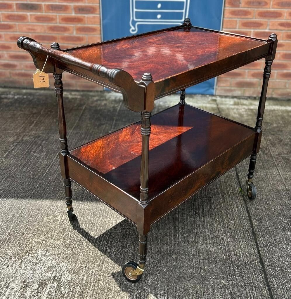 photo furniture Vintage Retro Flame Mahogany Two Tier Wheeling Drinks Trolley With Leather Slide