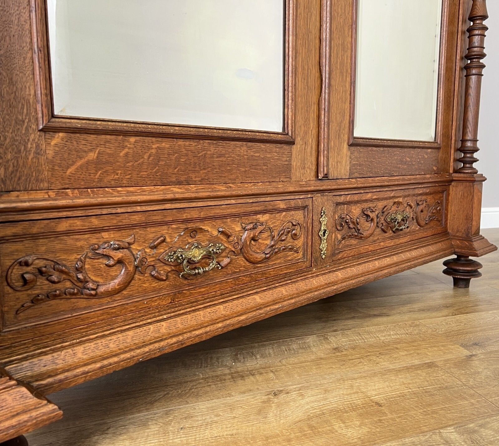 999.0 Wardrobe Antique French Oak Two Door Mirrored Carved Armoire Cabinet Lot 6153 photo