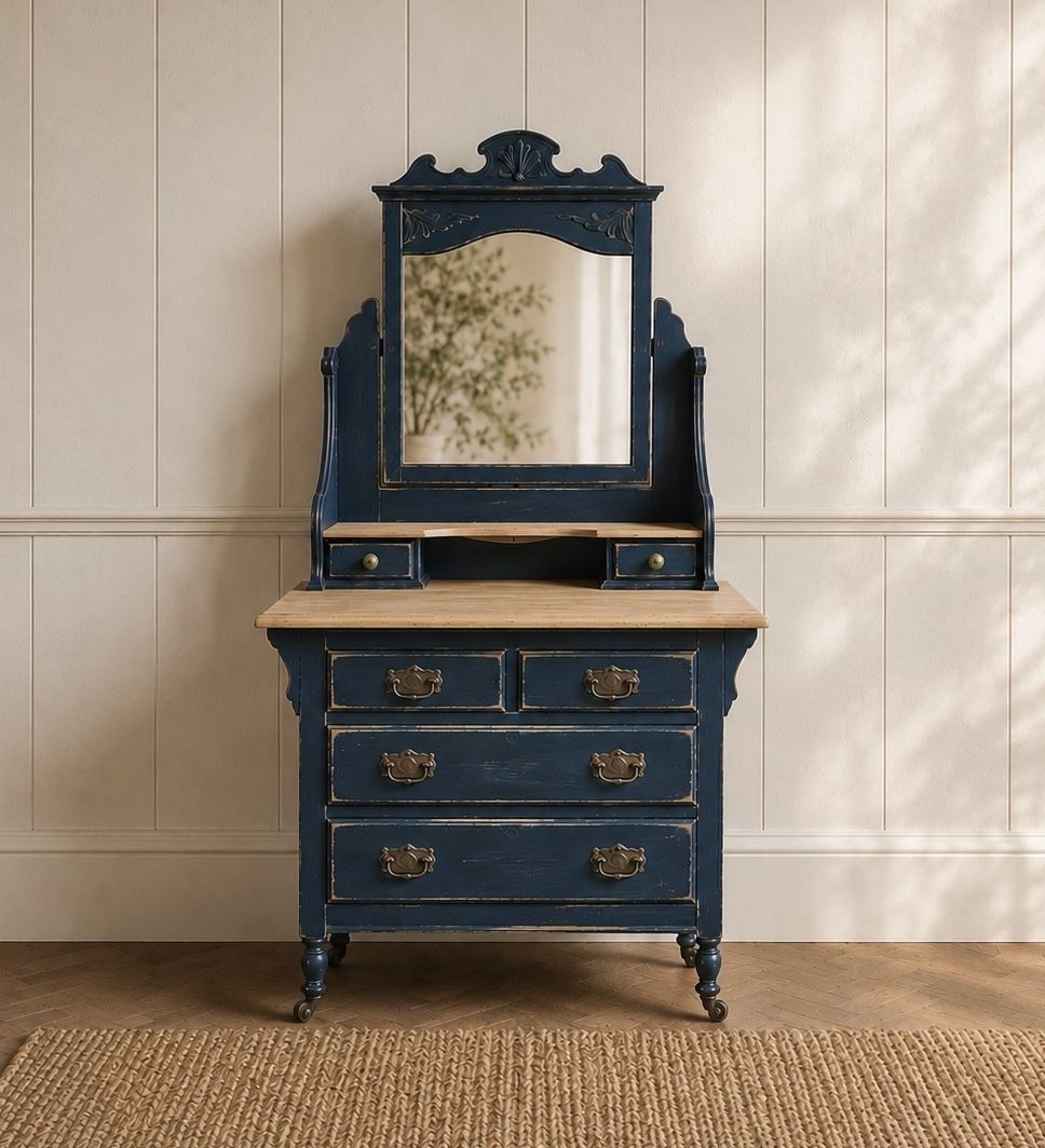 Antique Painted Dressing Chest With Mirror – Deep Blue & Natural Wood