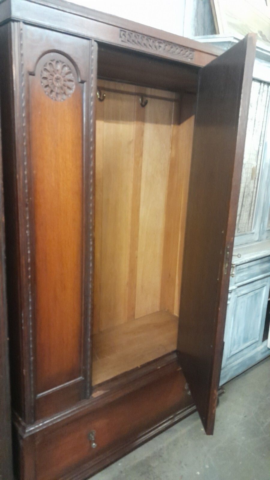 Antique Solid Carved Oak Single Mirror Door Freestanding Wardrobe With Drawer photo vintage