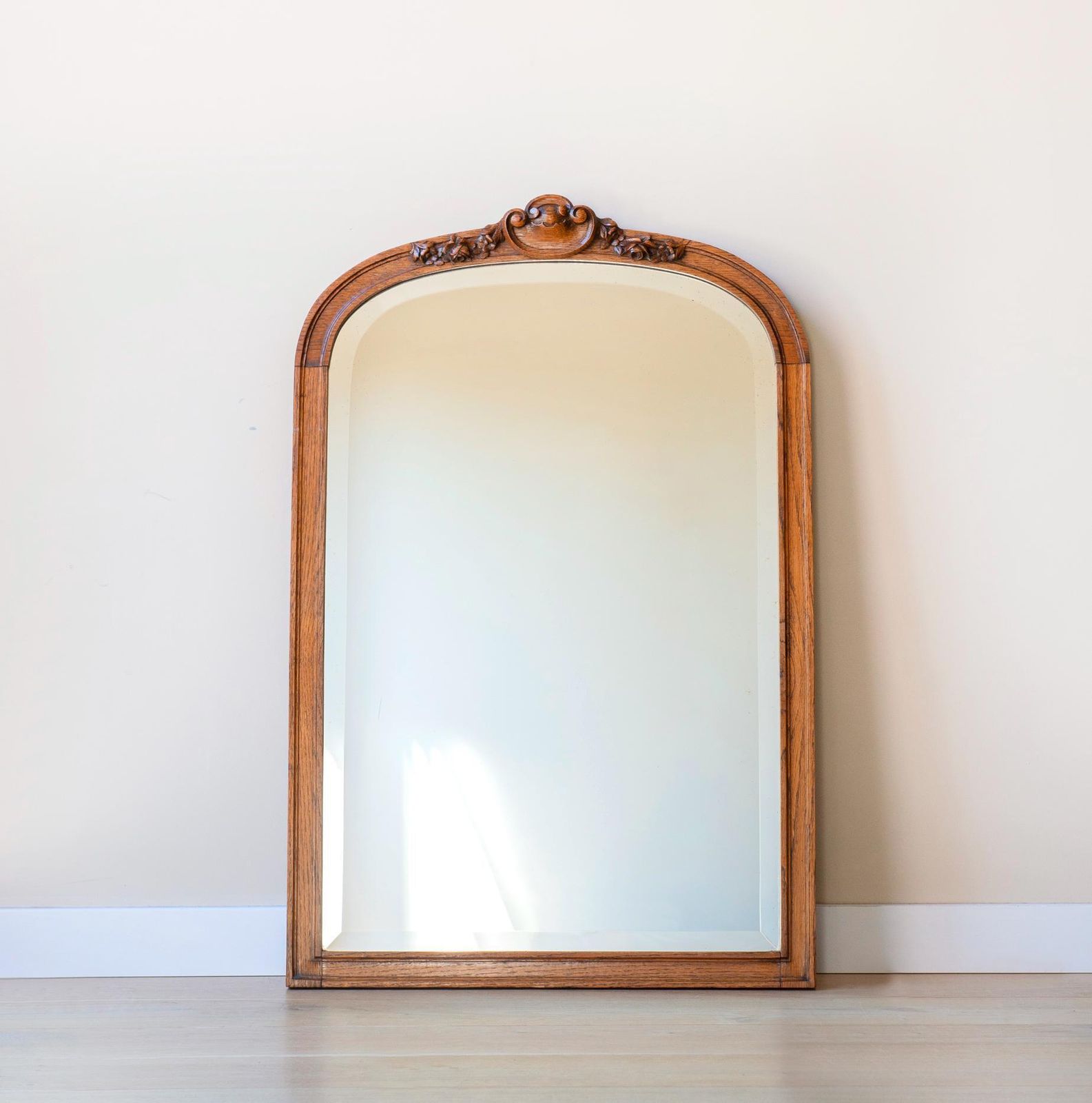 Antique Arched Oak Wall Mirror Dutch Art Deco Mirror Carved Wooden Hallway Mirror   1920s