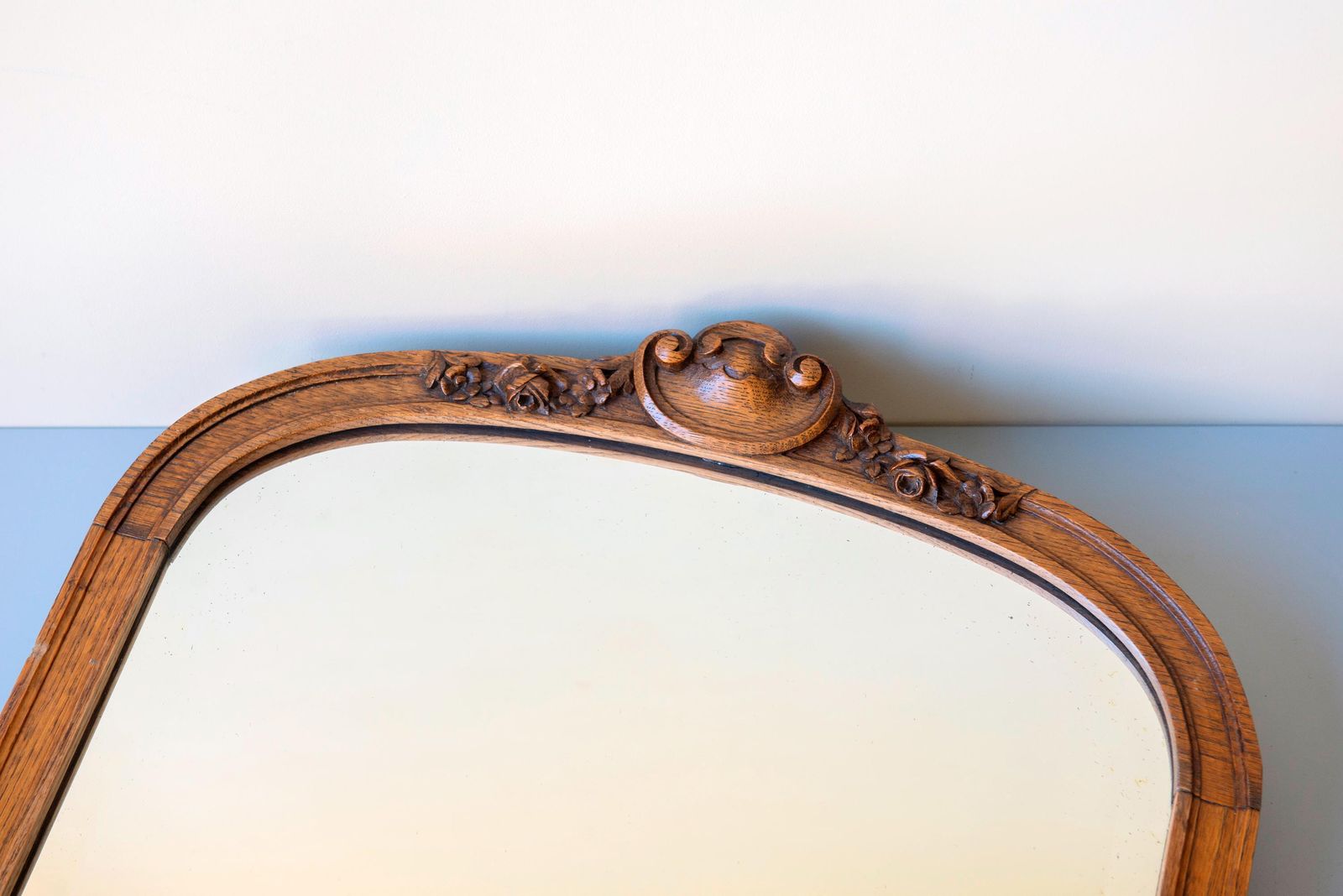 photo buy Antique Arched Oak Wall Mirror Dutch Art Deco Mirror Carved Wooden Hallway Mirror   1920s