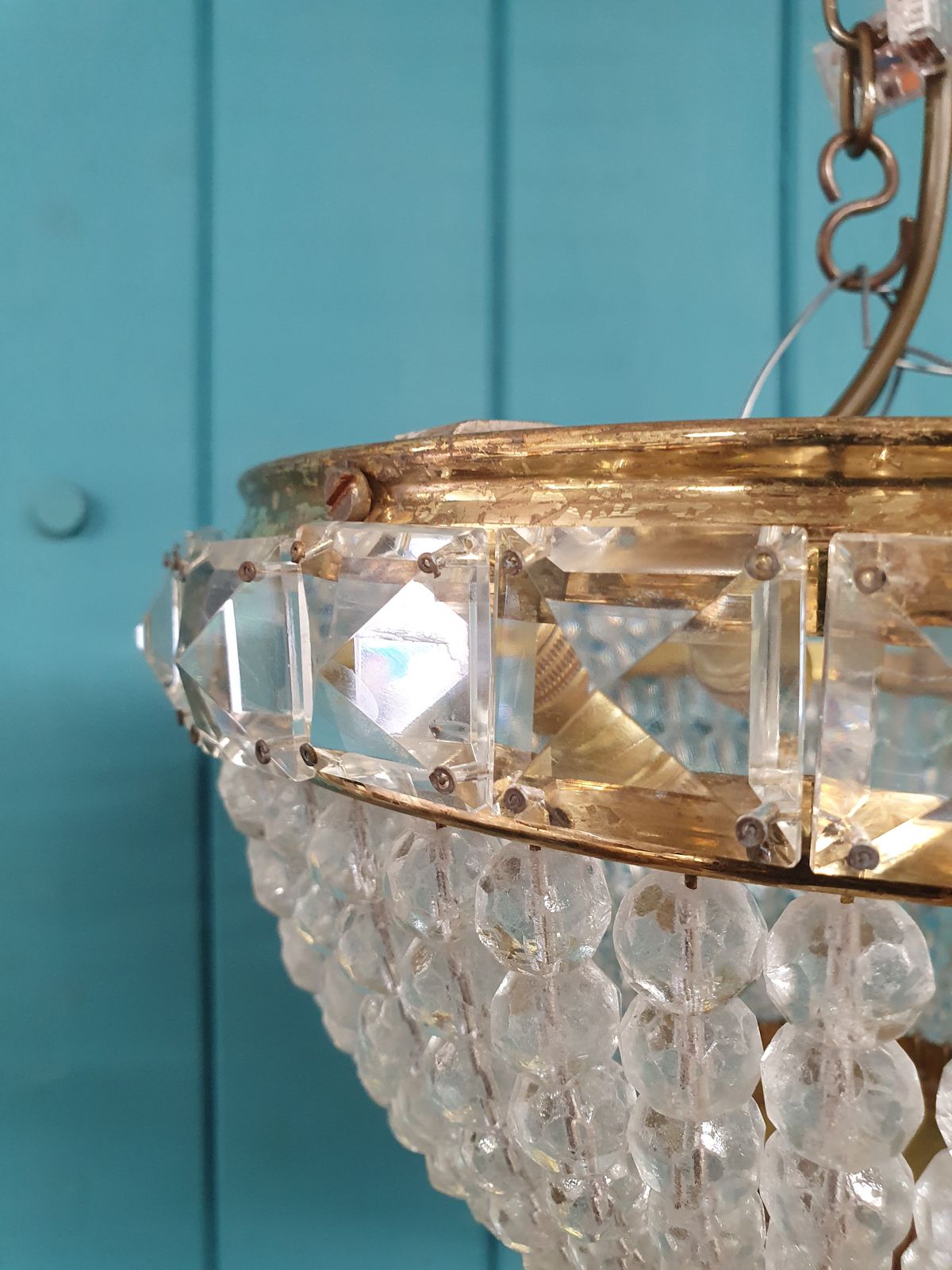 Early 20th Century Brass & Cut Glass Tapered Bag Chandelier 8". photo 340.0