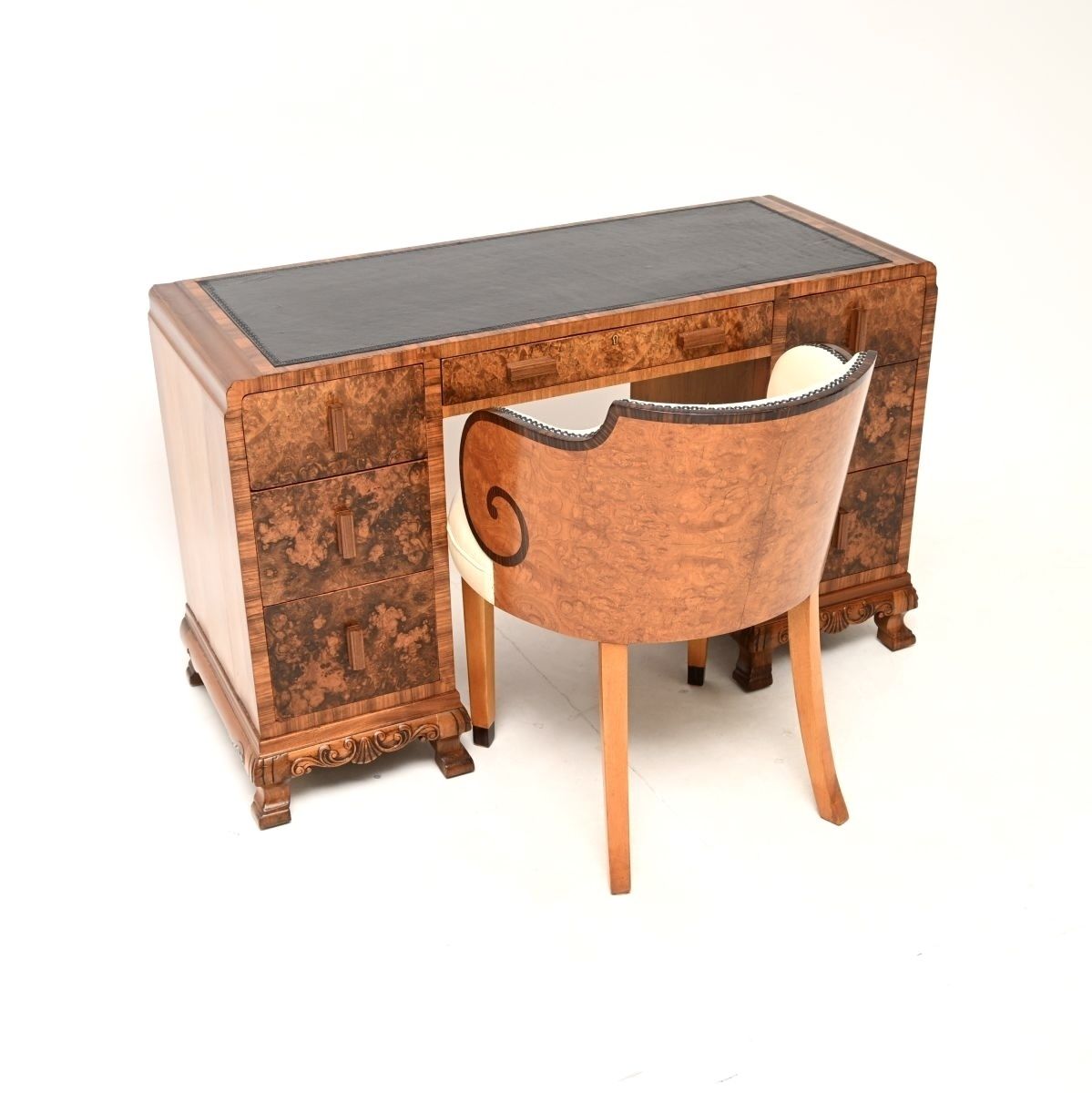photo vinterior Art Deco Burr Walnut And Leather Armchair / Desk Chair.