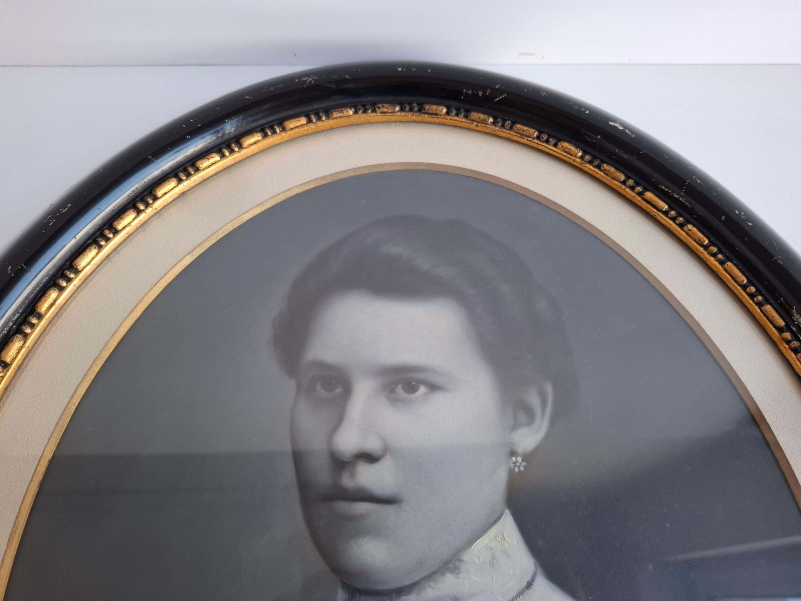 Antique Czech Oval Portrait Of Young Woman In Original Black And Gilt Frame photo Art